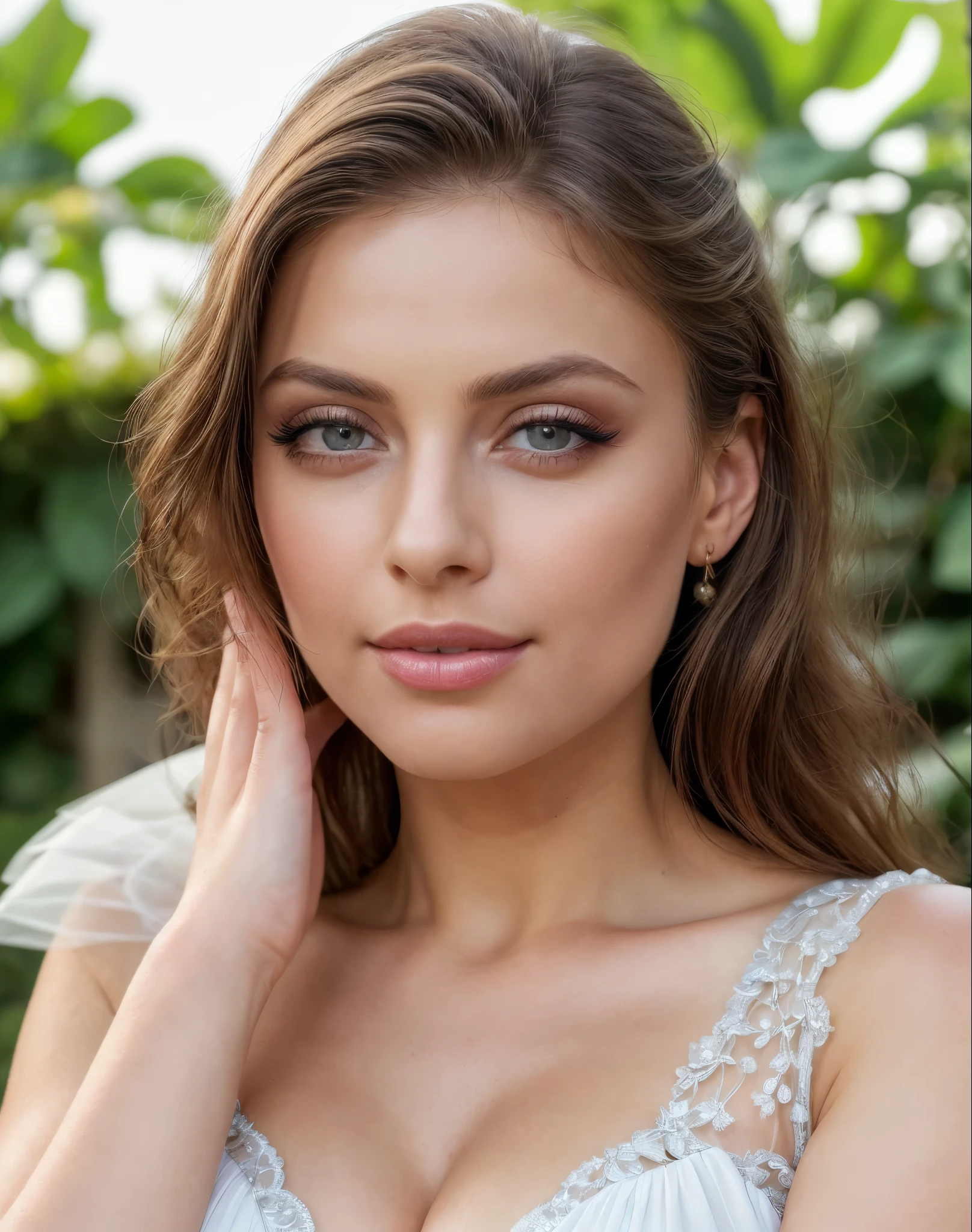 (best quality,4k,8k,highres,masterpiece:1.2),ultra-detailed,beautiful detailed eyes,beautiful detailed lips,extremely detailed eyes and face,long eyelashes,1girl,portrait,realistic,studio lighting,vivid colors,soft background,bokeh,serene expression,graceful pose,flowy dress,lush garden,Cartesian coordinates,subtle sunlight