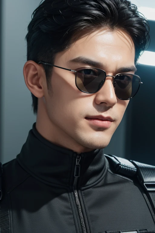 ((Men)), (head shot), (frontal face), (full body view), (Handsome muscular man in his 30s wearing black pilot sunglasses and black tactical SWAT uniform), zi wang (prince chiu), Mischievous smile, (detail: 1 in 1), Natural muscles, HIG quality, beautiful eyes, (Detailed face and eyes), (Face、: 1 / 2), fresh lips, Noise, Real Photographics, ... ...................................................................................................PSD, Sharp Focus, High resolution (8K), realistic & Professional Photography, 8K UHD, Soft lighting, High quality, Film grain, FujifilmXT3