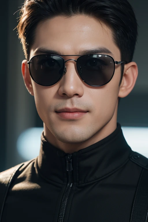 ((Men)), (head shot), (frontal face), (full body view), (Handsome muscular man in his 30s wearing black pilot sunglasses and black tactical SWAT uniform), zi wang (prince chiu), Mischievous smile, (detail: 1 in 1), Natural muscles, HIG quality, beautiful eyes, (Detailed face and eyes), (Face、: 1 / 2), fresh lips, Noise, Real Photographics, ... ...................................................................................................PSD, Sharp Focus, High resolution (8K), realistic & Professional Photography, 8K UHD, Soft lighting, High quality, Film grain, FujifilmXT3