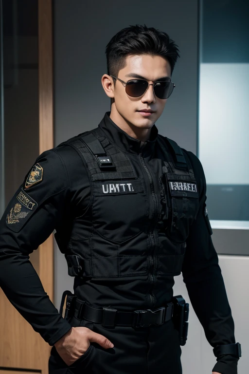 ((Men)), (head shot), (frontal face), (full body view), (Handsome muscular man in his 30s wearing black pilot sunglasses and black tactical SWAT uniform), zi wang (prince chiu), Mischievous smile, (detail: 1 in 1), Natural muscles, HIG quality, beautiful eyes, (Detailed face and eyes), (Face、: 1 / 2), fresh lips, Noise, Real Photographics, ... ...................................................................................................PSD, Sharp Focus, High resolution (8K), realistic & Professional Photography, 8K UHD, Soft lighting, High quality, Film grain, FujifilmXT3