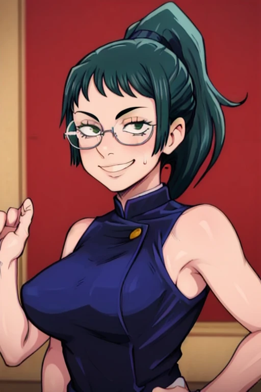 masterpiece, best quality, maki zenin, looking at viewer, green hair, ponytail hair, large breasts, upper body, portrait, looking at viewer, seductive smile,both hands raised, armpits, armpits visible, sweaty armpits, wearing glasses