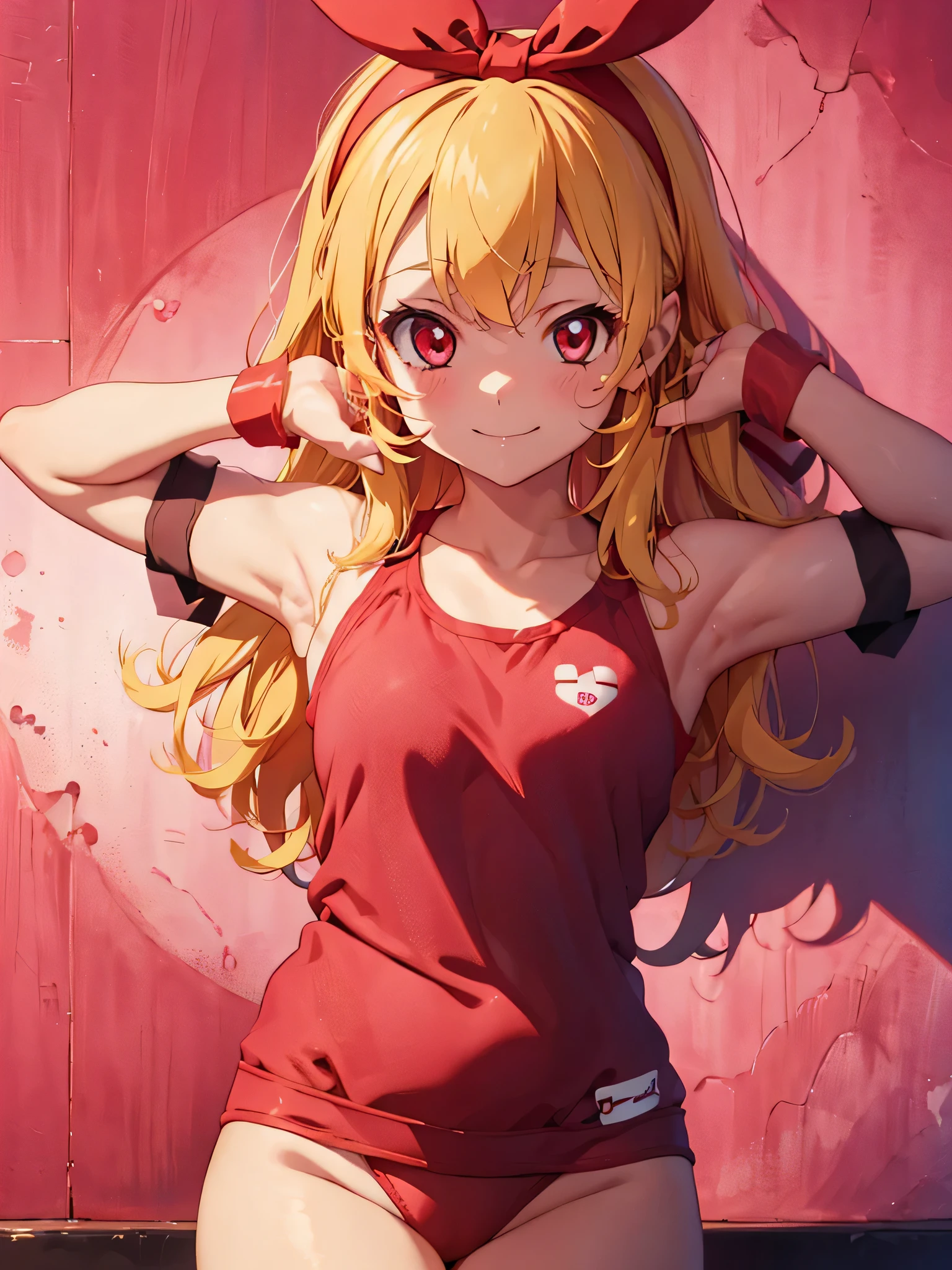 anime cg, highresolution, cute , smile, trainingroom, (RED Ribbon on HAIRband:1.2),Blonde hair, pink gradient sports wear, pink gradient highleg gymwear, hand on hip