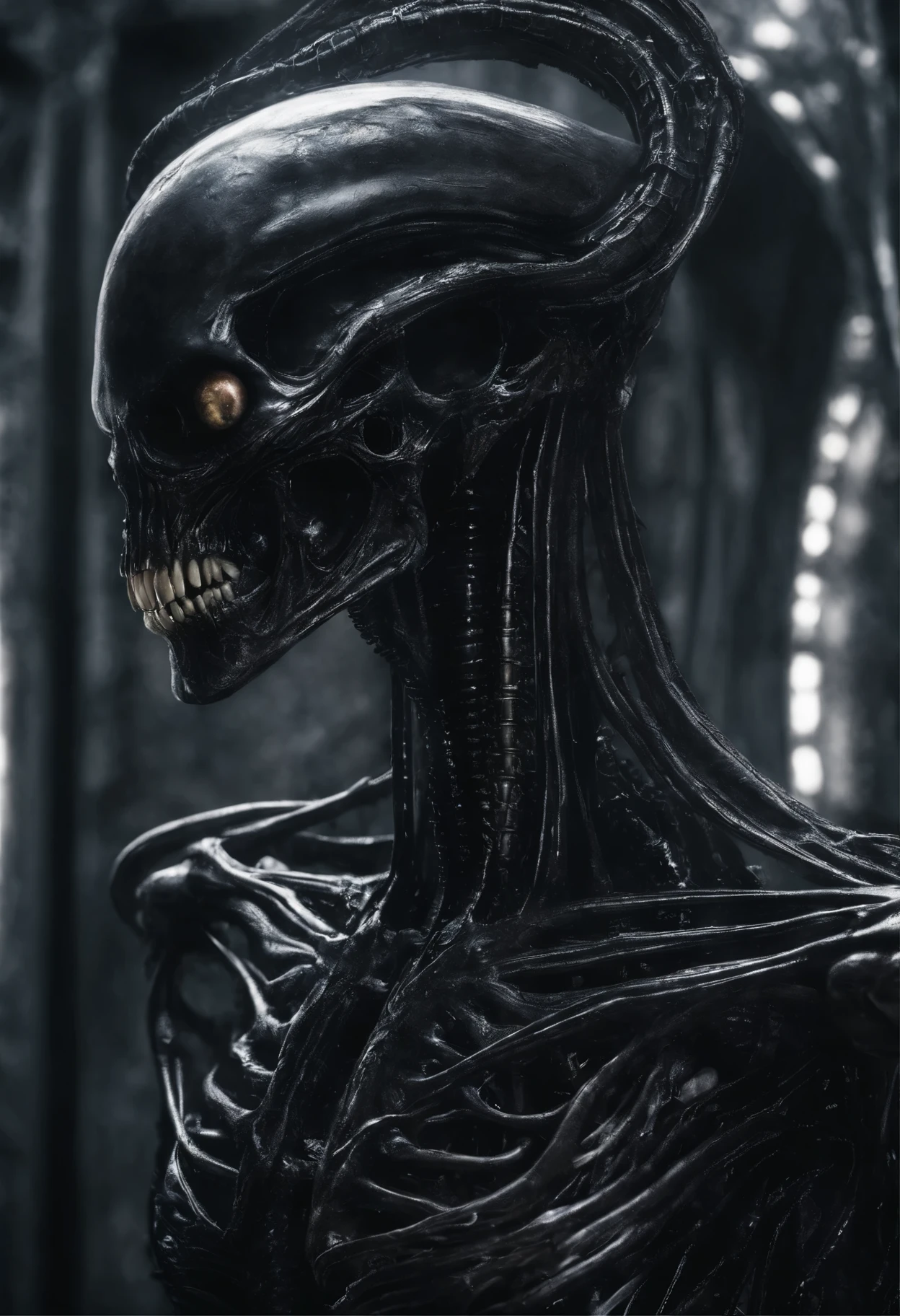 Van Terchall, Translucent ethereal xenomorph alien with delicate features on a sci-fi setting, Shine from the inside out, Sparks and lights, do lado de fora, Lua, Close-up, Realistic, highly detailed, complex, style of H.R. Giger