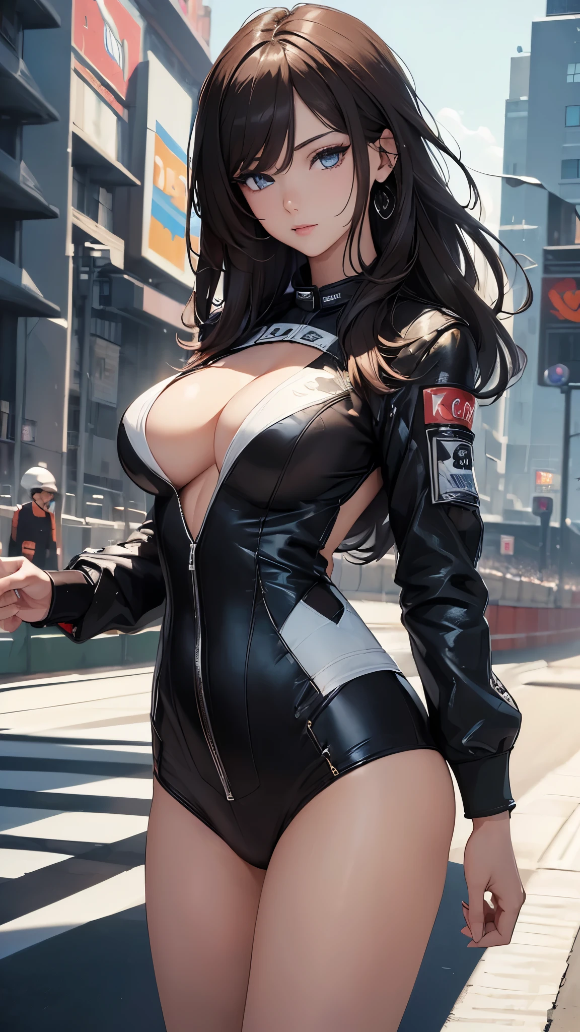 (((masterpiece))),(((High resolution)))、(((8K)))、(((beautiful woman racer))), ((top quality eyes)), (detailed face), (detailed texture), look at the camera
