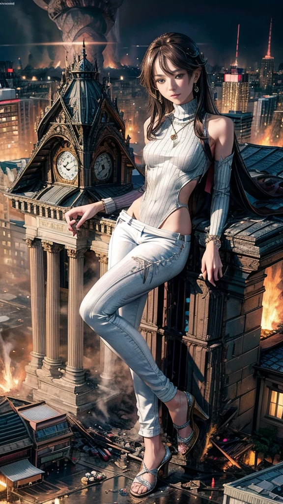 (32k, High resolution, highest quality, masterpiece, 超High resolution), (((Giantess Elements, Typhoon heavy rain))), From above, Perfect dynamic composition:1.2, (Modern city at night, Expressions of sadness:0.7), Highly detailed skin and facial textures:1.2, ((Towering Giant Young Woman:1.0, Higher than skyscrapers:1.0, 150,000 feet high:1.5, Incredibly slim body:1.0)), Fair skin, Sexy beauty, Very beautiful face, , Water droplets on the skin, (The rain drips down on my body:0.5, Wet body:0.5, Wet Hair:0.5), (Wet white linen pants:1.0, Wet pink turtleneck sweater:1.0), Shapely breasts, Chest gap, Big eyes that exude beautiful eroticism, Lips that exude beautiful eroticism, necklace, Earrings, bracelet, wedding ring, Shoulder bag, clock, ribbon, High heels, Full body portrait, ((Destroy a small city, Burning Small Town, rubble, Destroyed small building, Collapsed highway, Evacuated Residents)), ((Major impact, Emphasizing the majesty and power of giants, Increase the destructive element, Lower the building, Making cities smaller))