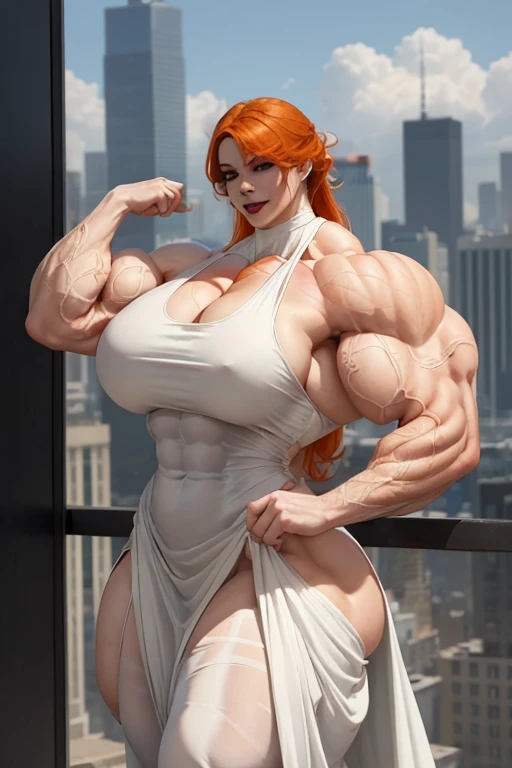 ((((Massive tall, beautiful, buff, pale white skinned muscular woman with orange hair, black lipstick, ginormous bulky muscles, winds blowing and wearing a beautiful white long dress)))), (close view), massive muscles, massive biceps, hyper muscle shoulders, massive muscle arms, vascular shoulders, hyper muscle triceps, (shaggy long hair), green eyes, choker, on top of a skyscraper in a Windy City, confidant smile, hyper vascular arm, hyper muscles arms, hyper muscle legs, (massive arms).