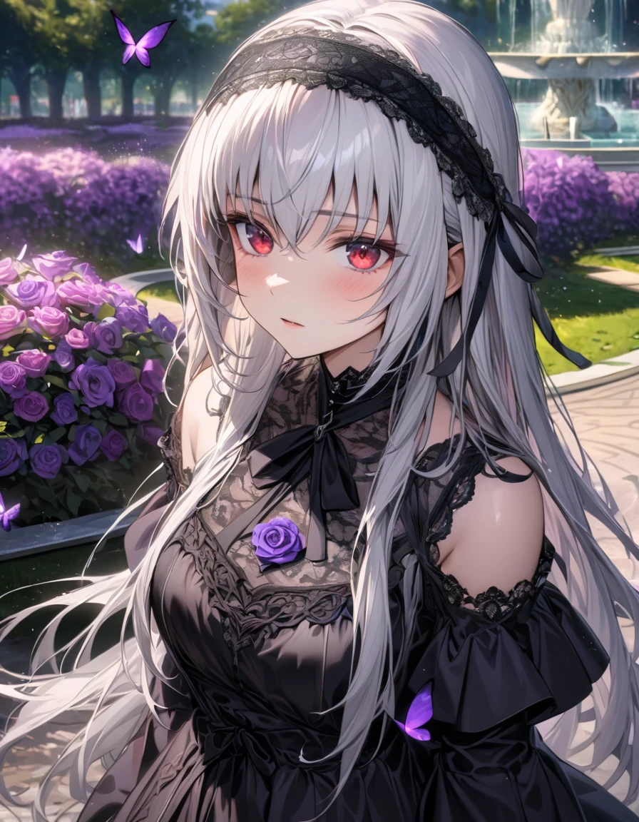 absurdres, highres, ultra detailed, HDR, master piece, ultra detailed picture, extremely detailed face and eyes, Suigintou, silver-white hair, expressive red eyes, Maiden Rose, solo, woman, extremely beautiful, purple flowers, park, fountain, purple trees, purple butterflies, she wears a black headband with black lace trimming, each side of the headband ends with two black bows; the headband also sports a black rosette on top, a black neck ribbon is tied around her neck, and her dress is white and black, it has a matching rosette on the chest just like the one on the headband, the top part of the dress also has black lace trimming and features white ruffles trimming, the sleeves of the dress are puffy on each of the shoulders