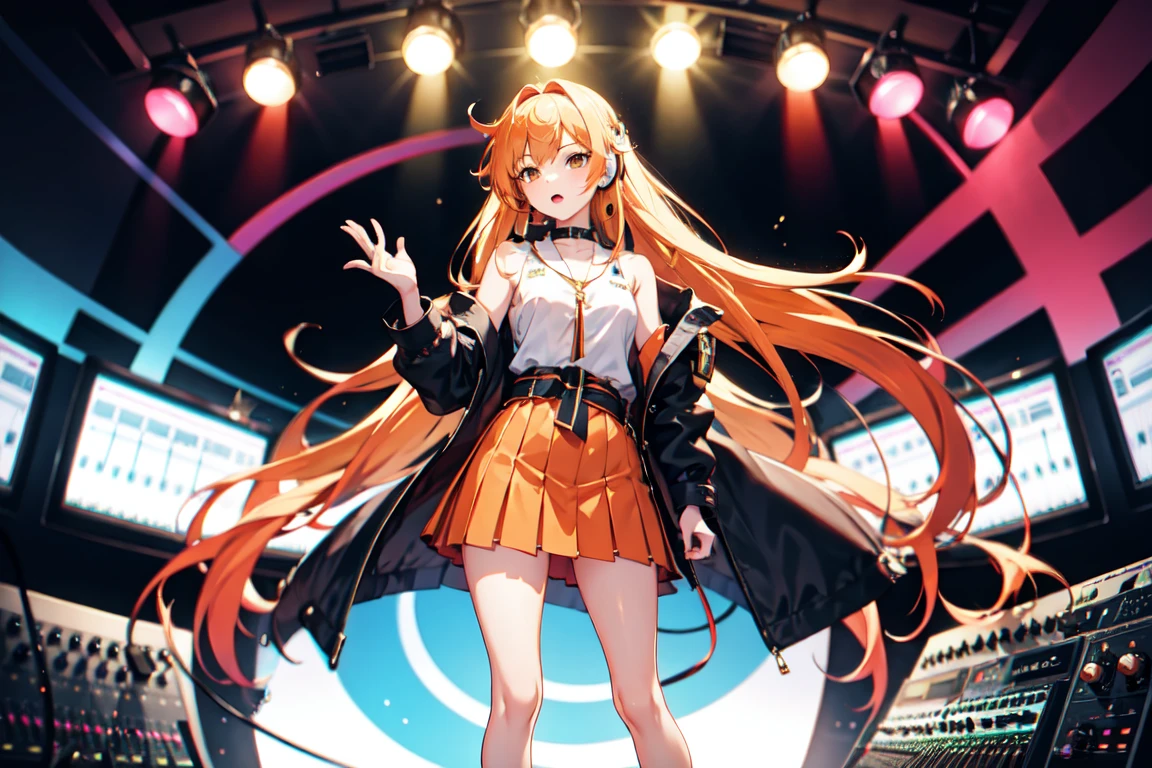 girl，15 years old，Orange long hair，earphone，Very thin，thin legs，Inside music studio，Play the electronic keyboard，Waist-baring coat，Pleated miniskirt，Bare legs，The legs are very thin，Leg rings，The faint vest line，The waist is thin