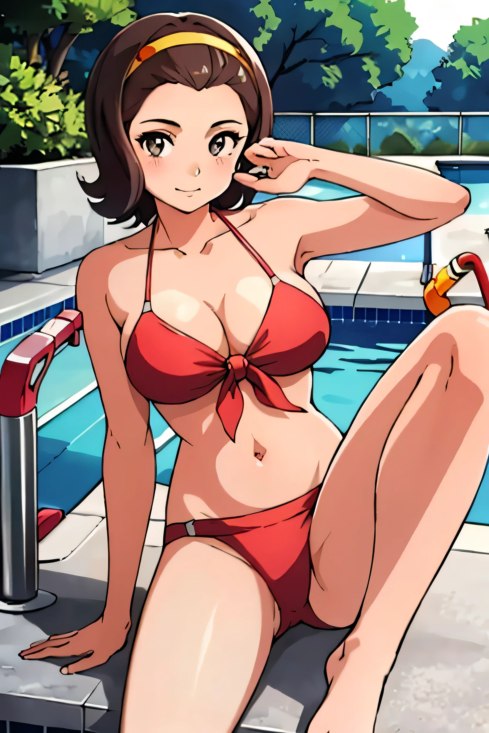 masterpiece, 最high quality, alone,One girl,View your viewers,Outdoor, Look at her, Great environment, Very detailed, high quality, summer, Bright sun, Pool, bikini, White ruffled swimsuit, Jump. A stick holding a water gun