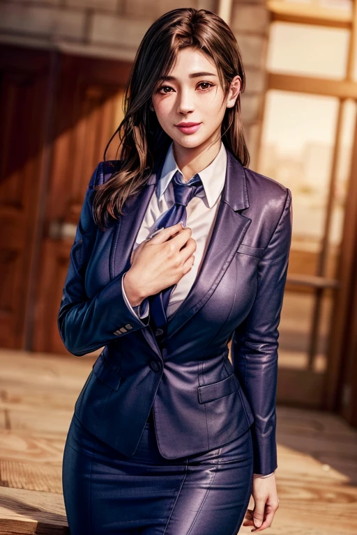 highest quality, Perfect Face, Complex, Beautiful views, Ultra-realistic 8K CG,Perfect artwork, 1 Female, Sayuri, Young face, round face, Droopy eyes, Wink, smile, Throw kiss, alone, Female teacher-like appearance, Dark blue business suit, Light brown tie, Long pencil skirt, alone, Side lighting, Shallow and sharp depth of field, Realistic