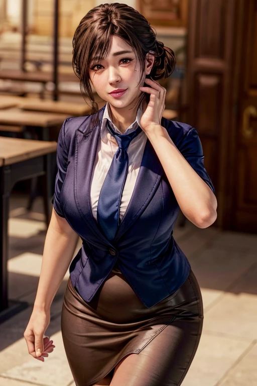 highest quality, Perfect Face, Complex, Beautiful views, Ultra-realistic 8K CG,Perfect artwork, 1 Female, Sayuri, Young face, round face, Droopy eyes, Wink, smile, Throw kiss, alone, Female teacher-like appearance, Dark blue business suit, Light brown tie, Long pencil skirt, alone, Side lighting, Shallow and sharp depth of field, Realistic