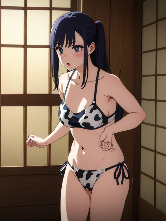 Kitagawa Marin wears a cow print bikini in a Japanese-style room and fights with a cow like an beast.