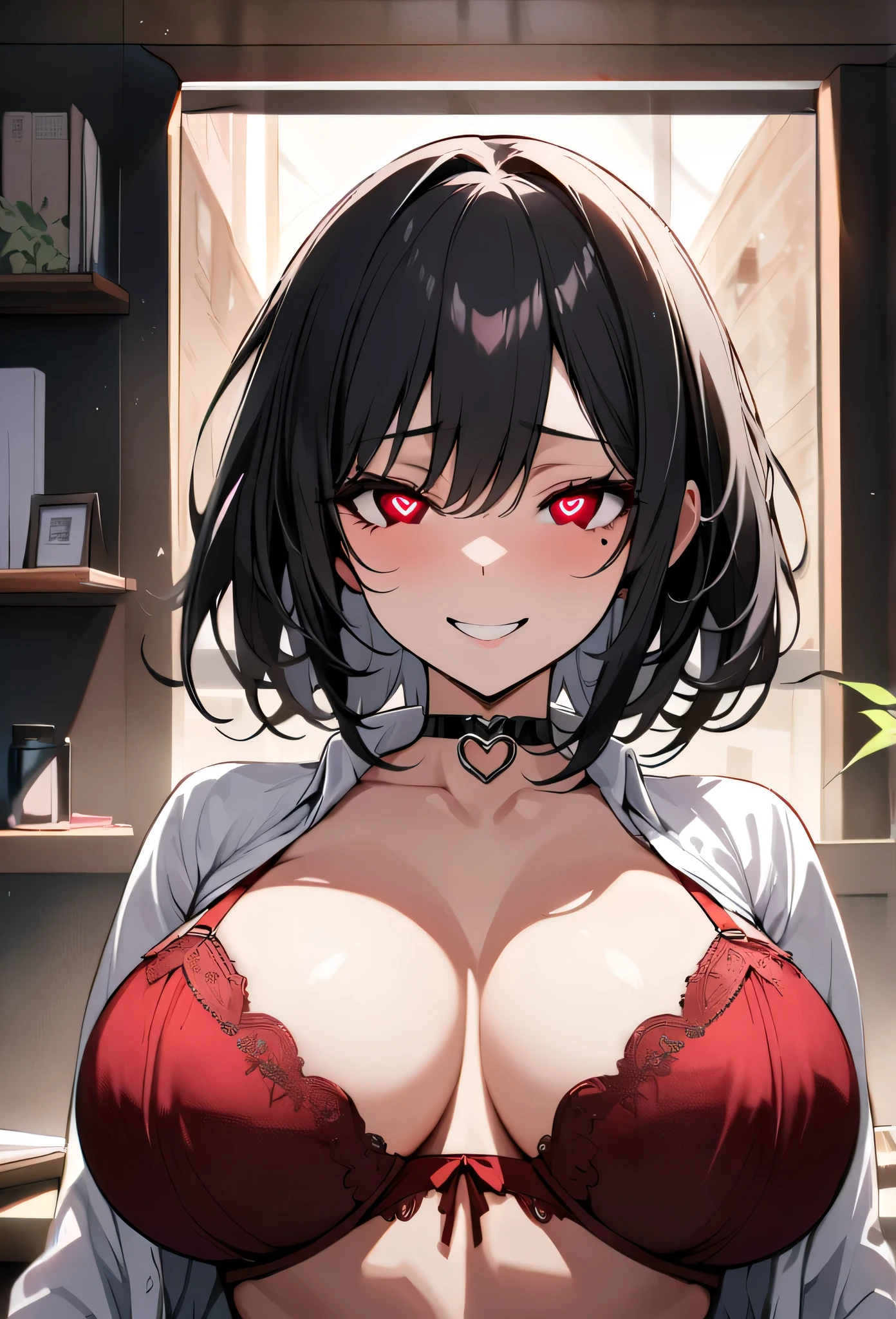 {lady with shoulder-length black hair named Rico}, business suits,tall,'', (It feels like saying Hello, daytime hours), indoor,{going out style}, ((Heart-shaped choker) ), (office room), Bright background, Mole under the eye, Heart-shaped choker, ((Masterpiece)), Highly detailed CG Unity 8k wallpaper), Top quality,, Detailed background, beautifully detailed eyes, heart shaped pupils,hollow eyes, looking at viewer,(very delicate and beautiful)), ((beautiful) eyes (detailed description),extra large breasts, browse,open shirts,red bra,floating heart,,sadistic smile,lorestruck,hot