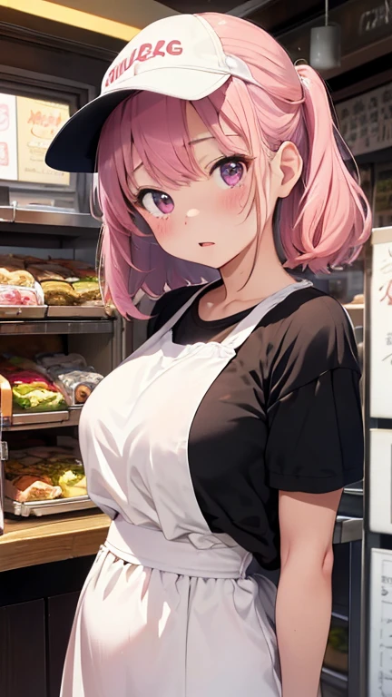 masterpiece、highest quality、Very detailed、Photograph the upper body、1 female、(Put your arms behind your back:1.2)、Are standing、Turn your body forward、View your viewers、(Burger Shopの店員,Sun visor)、break,blush、shy、Pink Hair、Open your mouth、Burger Shop、Big Breasts、