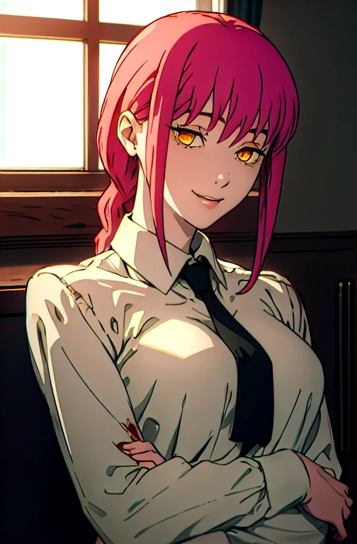 (masterpiece, highest quality, detailed), (gold, Red:1.4), alone, A fearless smile, Hollow Eyes、Blood on clothes, One girl, sleepy, Large Breasts, Black suit,Black tie, White Shirt,Shiny fabric, break Makima, The eyes are round, Braided Ponytail, bangs, break (Yellow Eyes:1.1), Side Lock, Medium Hair, Pink hair, Glowing Eyes, Dim Light,