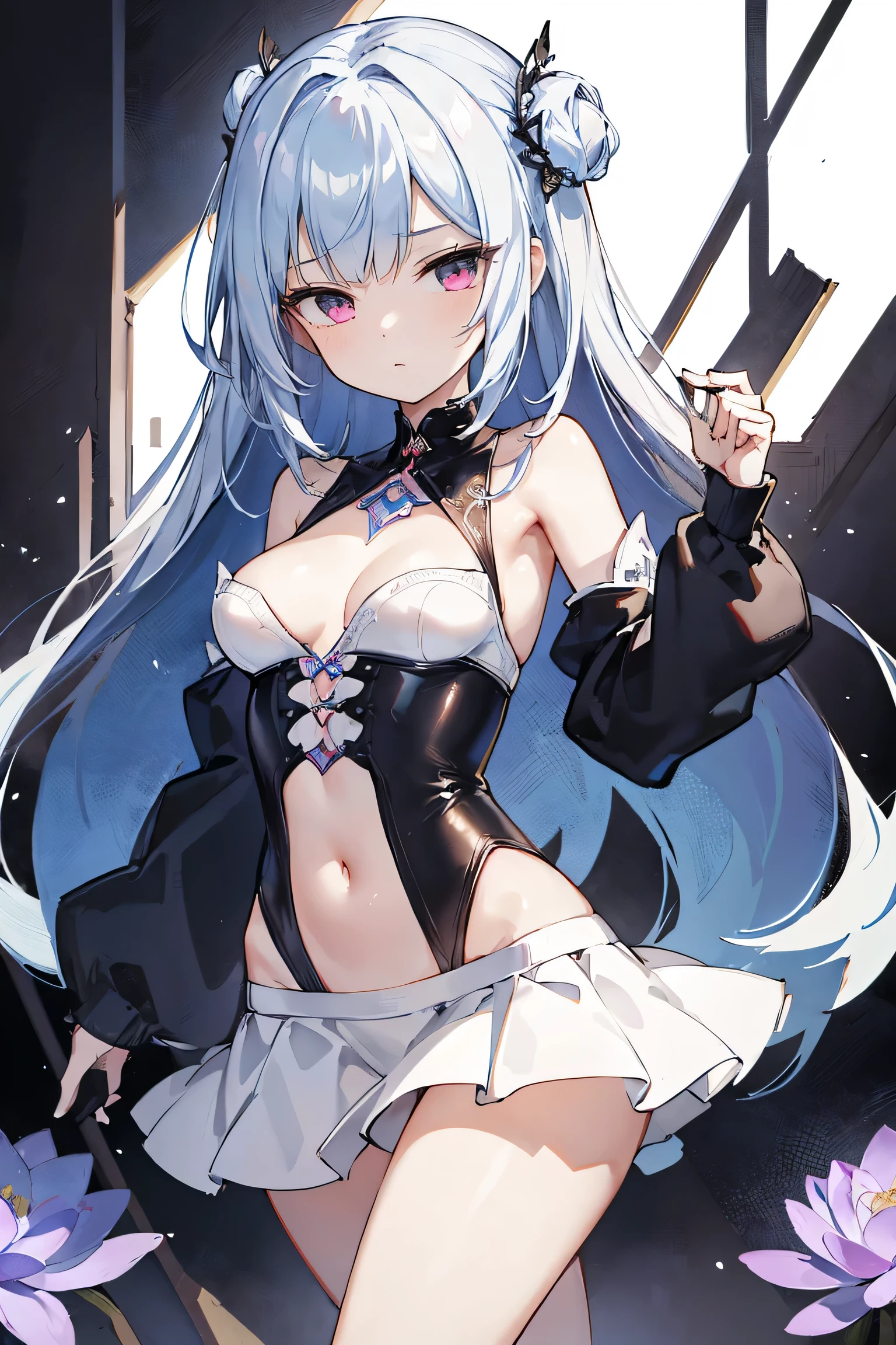1girl, anime, cute girl, blank background, white background, fantasy, detailed fantasy dress with highlights, beautiful face, beautiful eyes, dark colors, black hair with multicolor streaks, red eye with different color pupil in eye, multicolor eye, medium breasts, slight cleavage, beautiful skin, cute, breast curtains, extremely delicate and beautiful, (beautiful detailed face:1.0), (detailed deep eyes), symmetrical breasts, deep eyes, shiny skin, portrait, slender waist, hips wider than shoulders, thighs, expressionless, young girl, luminous eyes, adorable,(Kpop idol),(aegyo sal:1),(Platinum blonde hair:1),((puffy eye)),Black panty,sexy posture,Superskirt, Ultra-high resolution,Black collar,slim figure, Abdominal y tattoo, womb tattoo,Tight-fitting leg ring,y tattoo on half-body,Bare skin, Armored hand,Hidden fingertips,Hand covered,Arm covered,Fist covered,{{beautiful detailed fingers}}, tufts of hair, moderate beautiful breast:1.0,(masterpiece:1.2), best quality, high-res, HDR, perfect face, intricate armor, delicate blue filigree, intricate filigree, red metalic parts, detailed part, dynamic pose, dynamic lights, cute face, neutral expression, shuimobysim, lotus, hanfu, maxiskit, dress conservatively 1girl, solo, long blue hair, standing,