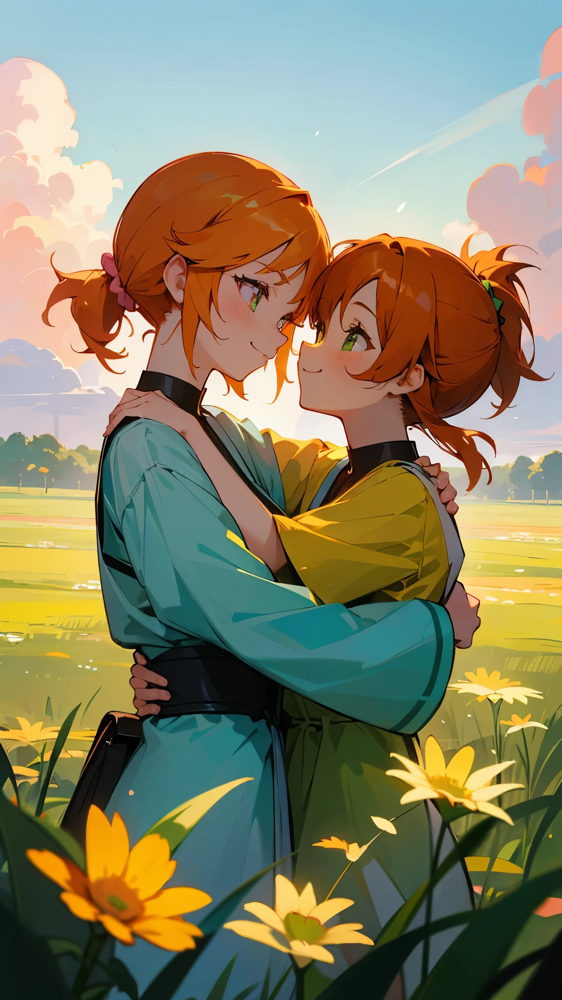 Two girls hugging each other、My girlfriend is a student of the same height、Upper body close-up、From the side、smile、happiness、shoulder-length hair、((The first girl is、Orange Hair、Green Eyes、Ponytail、smile)),,,, ((The second girl is、Light blue short hair、Beautiful pink eyes、smile))、Light background、Pink Cloud、Natural light、Clear images、Additional lighting、Cloudy、Bright green field、Green grass with flowers、Diverse spaces、Beautiful sky、Bright Sun、sunset、A still from the anime