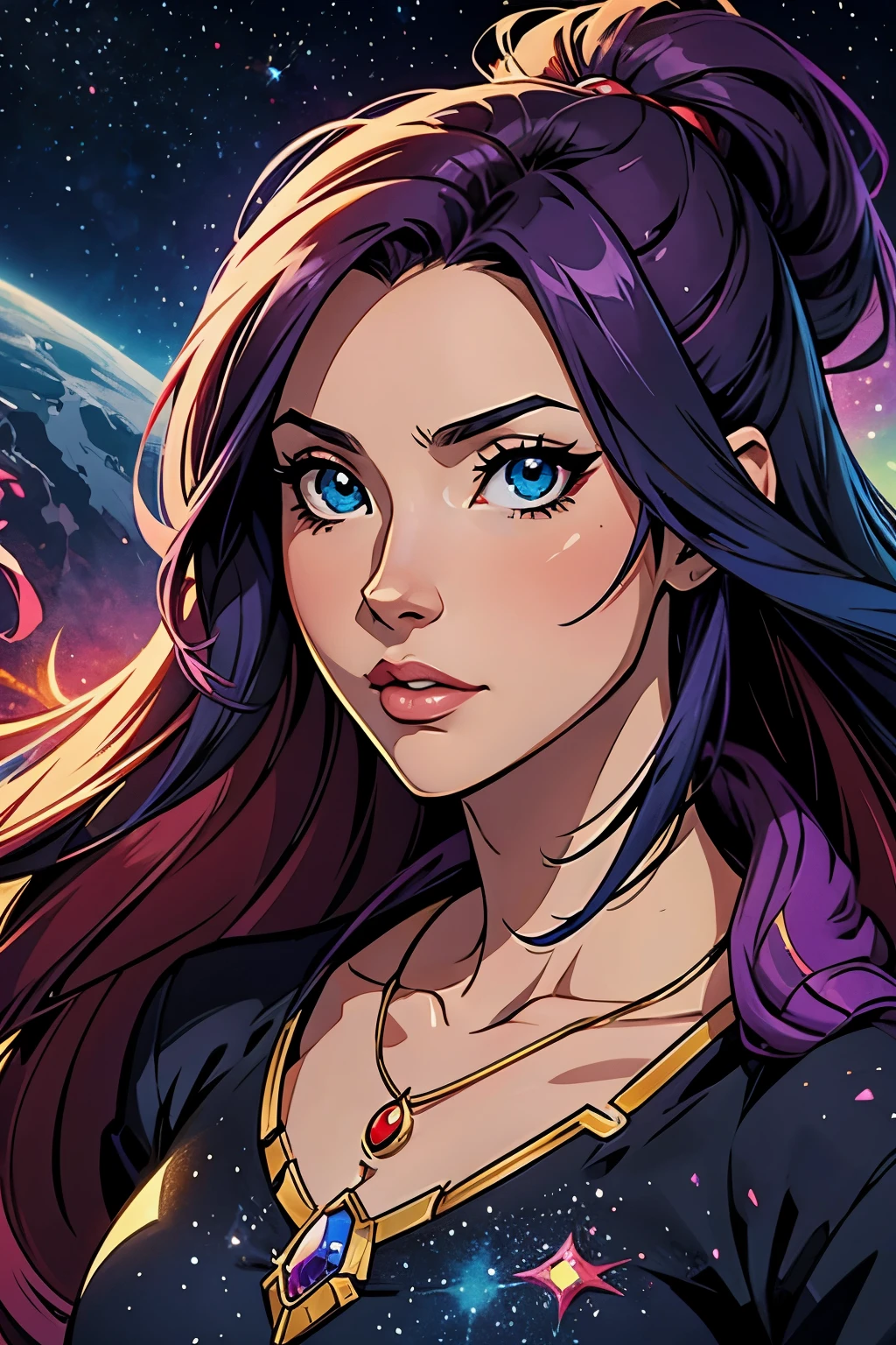 Close-up of a woman with Colorida hair and necklace, anime girl with cosmic hair, Vitalidade suave de Rossdraws, Arte em estilo Gouvez, estilo de arte de fantasia, Colorida], estilo de fantasia vibrante, Desenho animado Rossdraws cheio de vitalidade, cosmic and Colorida, Guweiz, Colorida digital fantasy art, estilo de arte impressionante, lindo estilo de anime, Pele branca, sutil