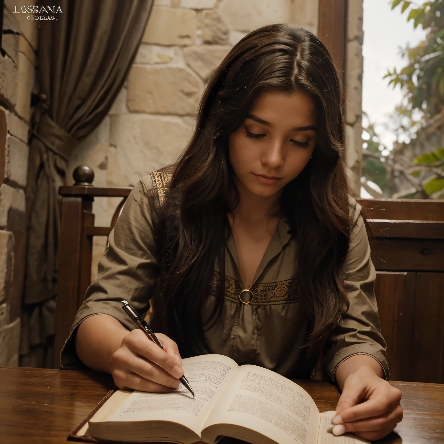 Criar a capa de um livro  escrito " Aventura no castelo", com um castelo, um menino de pele branca, cabelo castanho, e uma  de pele branca cabelo encaracolado.