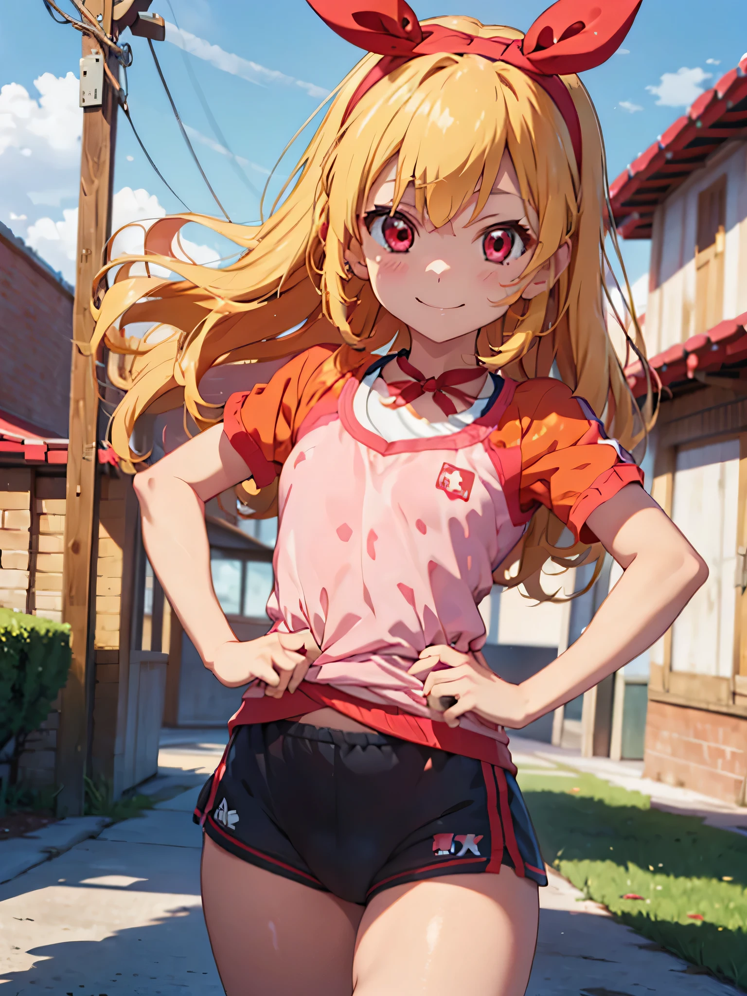 anime cg, highresolution, cute , smile, trainingroom, (RED Ribbon on HAIRband:1.2),Blonde hair, pink gradient sports wear, pink gradient highleg gymwear, hand on hip