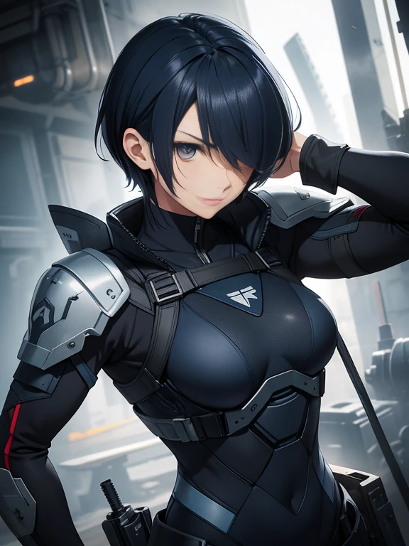 Dark blue hair，short hair，neutral，boyish，Hiding one eye，slender，Rin々A funny face，Powered Suit，Reinforced Suit，mechanical，Science fiction，Black sleeveless coat，With a sword，headgear，Small breasts，Small breasts，Flat Chest，tall，Slightly muscular，Handsome，The innerwear is a bodysuit，Armament，Pilot Suit，Hard boots，armor，Carrying a rifle，Chest protector，Protector on shoulder，I put on a coat，Waist device，1 person