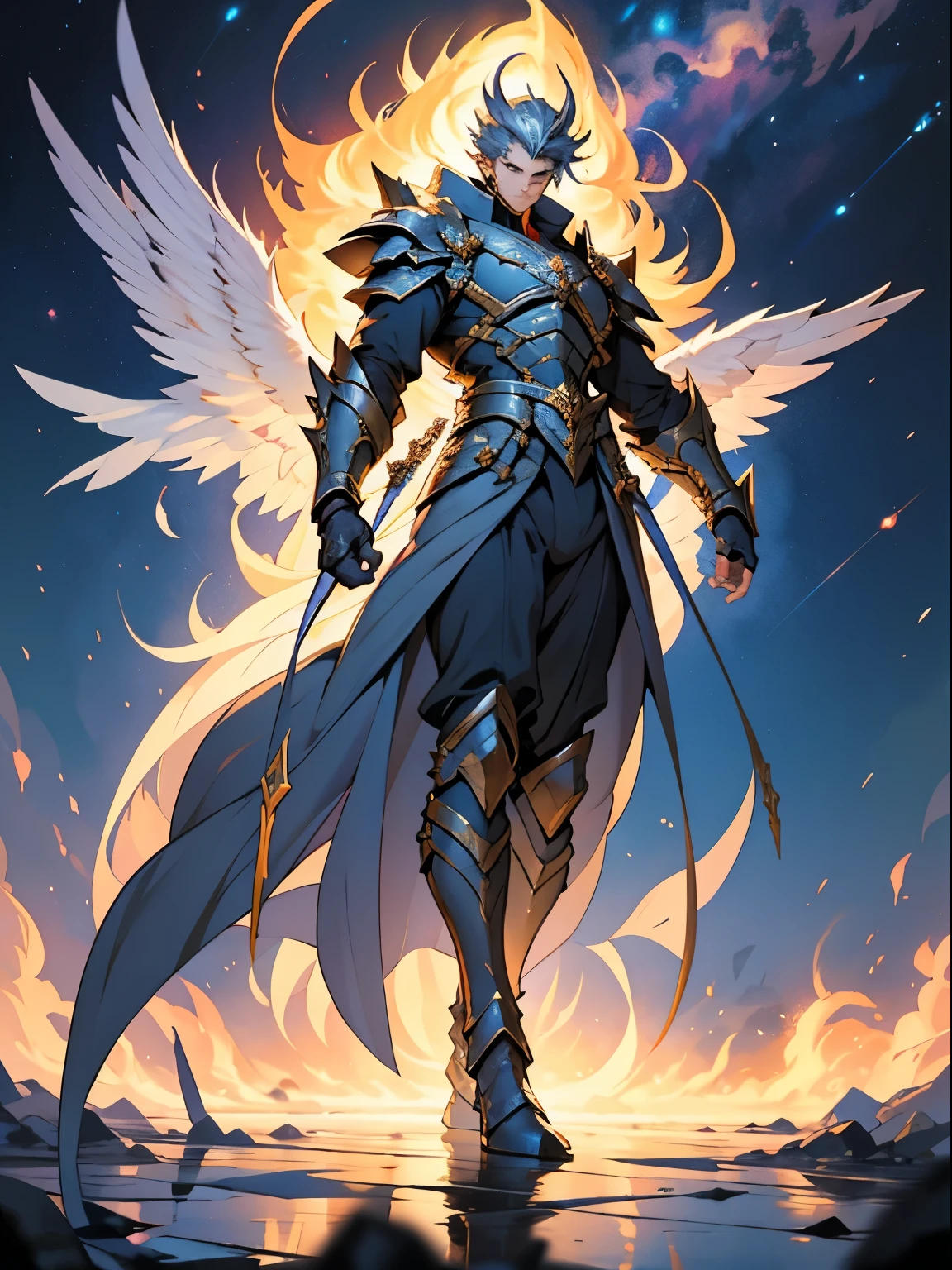 Male Angel of the Celestial Gauntlets stands in a war pose, his celestial gauntlets gleaming with divine energy. Against a background bursting with vibrant colors, he radiates strength and determination as he prepares to engage in battle against the forces of darkness.