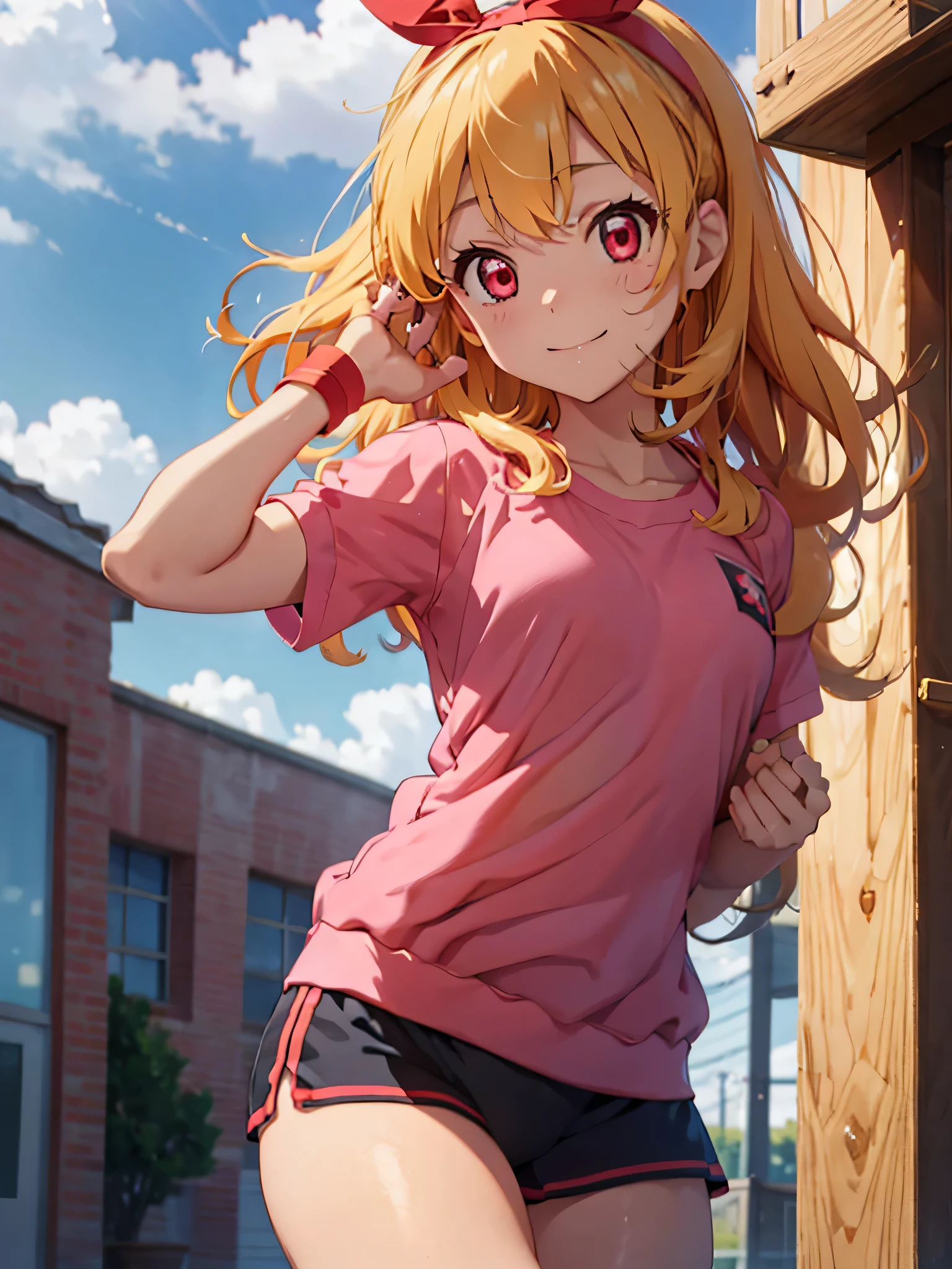 anime cg, highresolution, cute , smile, trainingroom, (RED Ribbon on HAIRband:1.2),Blonde hair, pink gradient sports wear, pink gradient highleg gymwear, hand on hip