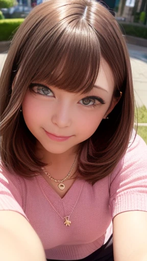 ((Tabletop, highest quality, High resolution,Perfect Pixel, Written boundary depth, 8K,))), 1 girl, Big Breasts,single, alone, Beautiful Anime Girls, Beautiful art style, Anime characters, ((Short Bob Hair, bangs, Brown Hair)), ((Green Eyes:1.4, Round eyes, Beautiful eyelashes, Realistic eyes)), ((Detailed face, blush:1.2)), ((Smooth texture:0.75, Realistic texture:0.65, Realistic:1.1, Anime CG Style)), Dynamic Angle, ((throw, Selfie pose, Portraiture)), ((Red V-neck summer sweater, Short sleeve, Black Mini Skirt, Checked mini skirt, fashionable, 1 diamond necklace,pantyhose)), smile, amusement park, ((cherry blossoms, cherry blossomsの花が散る)),Sit on a bench,Shot to the knee,Looking up from the right foot,