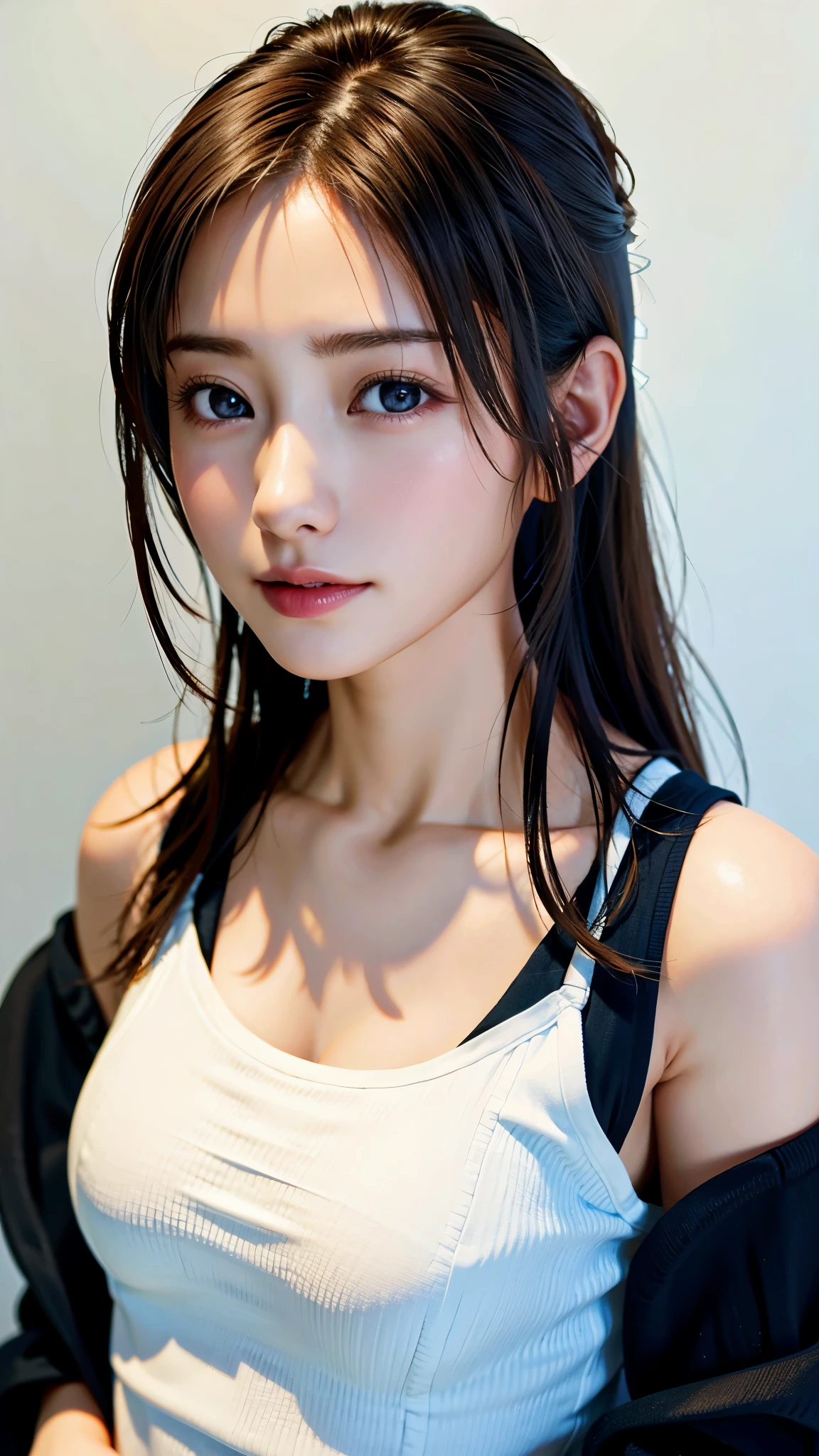 masterpiece, 最high quality, Ultra-high resolution, (Realistic:1.4), Beautiful face in every detail, high qualityの衣類, Amazing European Women, Wearing a white tank top, very cute, Portraiture, 肌が柔らかくてPerfect Face、Perfect Face, Shoot your hair, 8k resolution,Super Realistic,Very detailed,high quality, (Small breasts:1.5), Broad perspective