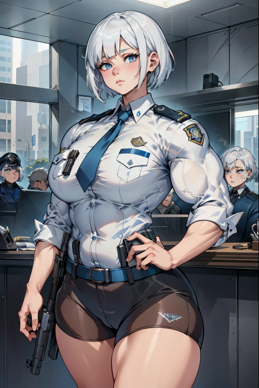 hyper muscles, (extremely detailed CG unity 4k wallpaper),(masterpiece),(best quality),(ultra-detailed),(best illustration),(best shadow),(absurdres),(Detailed background), White hair (Bobcut), Tall, pale skin, Blue eyes, Police Officer uniform, contemporary aesthetic, police station office background,