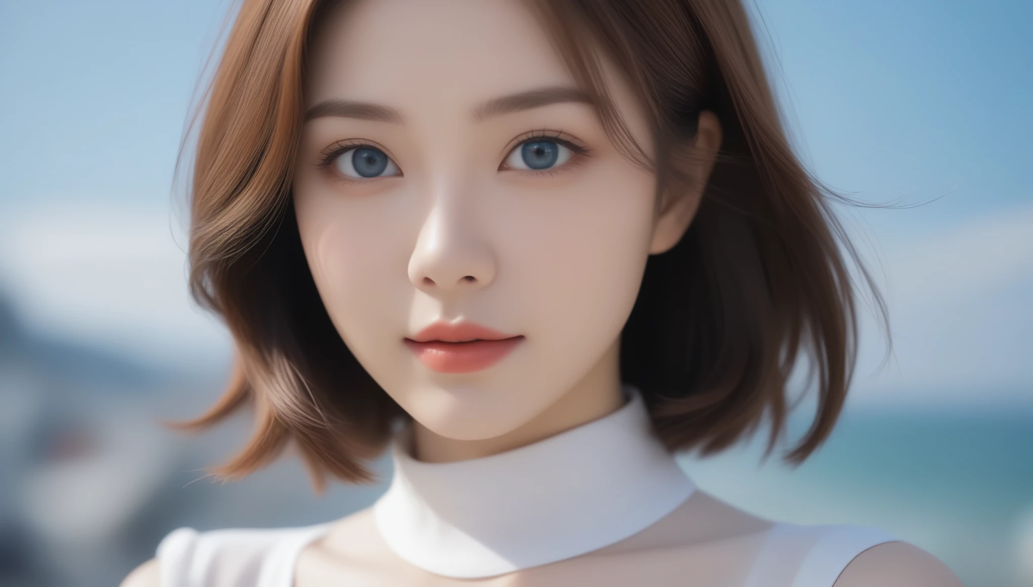 8K, 超High resolution, highest quality, masterpiece, 超Realisticな, photograph, 1 girl, (16 years old:1.3), pretty girl, Cute face, Beautiful eyes in every detail, 細かくdetailedに,(18-year-old female), (The best quality in the best condition:1.4), (非常にdetailed), (非常にdetailed CG unified 16k), Beautiful woman with perfect figure: 1.4, Sharp focus: 1.2, 非常にdetailed, 高品質のRAWカラーphotograph, プロのphotograph撮影, Great face and eyes, Beautiful eyelashes、cosmetics, (Amazingly beautiful girl), ((blouse, White Mini Tight Skirt)), Are standing, Sexy posture，(Stylish town, dawn:1.3), (View from below), Realistic movie faces, A wide zoomed out image of the head-to-toe length, Full body long view, Realistic, ((Realistic natural orange red hairstyle, Realistic blue eyes, Short Bob Hair)), Nice, Very beautiful face, 完璧なモデルのbeauty, swelling of the mouth, 非常にdetailedな顔と肌の質感, fine grain, double eyelid, Medium Chest, smile, crack, West, (masterpiece), highest quality, High resolution, 非常にdetailed, Blurred Background, Written boundary depth, Cinema Lighting, Great legs, High heels, clear, Well-groomed skin, (((photographの大部分は女性で占められている))),Sexy pose、See through 、Look at the audience、beauty,Long neck、Smile a little、Please close your mouth and laugh、(((Ideal body proportions))),A cup small breasts :2,Portraiture:2、Perfect ???????、Vivid details、detailed、超Realisticな、Light and shadow,Strong light,Fashion magazine cover,Thin lips