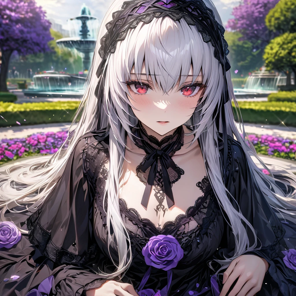 absurdres, highres, ultra detailed, HDR, master piece, ultra detailed picture, extremely detailed face and eyes, Suigintou, silver-white hair, expressive red eyes, Maiden Rose, solo, woman, extremely beautiful, purple flowers, park, fountain, purple trees, purple butterflies, she wears a black headband with black lace trimming, each side of the headband ends with two black bows; the headband also sports a black rosette on top, a black neck ribbon is tied around her neck, and her dress is white and black, it has a matching rosette on the chest just like the one on the headband, the top part of the dress also has black lace trimming and features white ruffles trimming, the sleeves of the dress are puffy on each of the shoulders