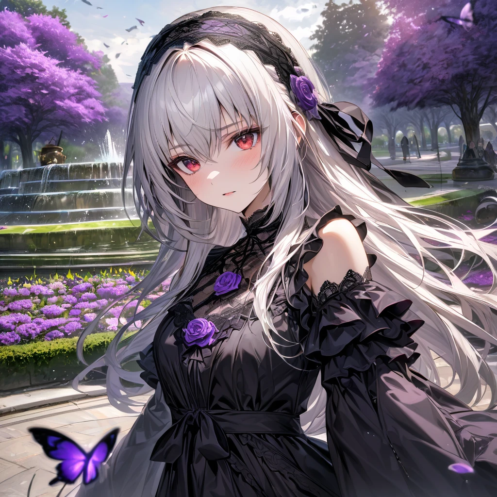 absurdres, highres, ultra detailed, HDR, master piece, ultra detailed picture, extremely detailed face and eyes, Suigintou, silver-white hair, expressive red eyes, Maiden Rose, solo, woman, extremely beautiful, purple flowers, park, fountain, purple trees, purple butterflies, she wears a black headband with black lace trimming, each side of the headband ends with two black bows; the headband also sports a black rosette on top, a black neck ribbon is tied around her neck, and her dress is white and black, it has a matching rosette on the chest just like the one on the headband, the top part of the dress also has black lace trimming and features white ruffles trimming, the sleeves of the dress are puffy on each of the shoulders