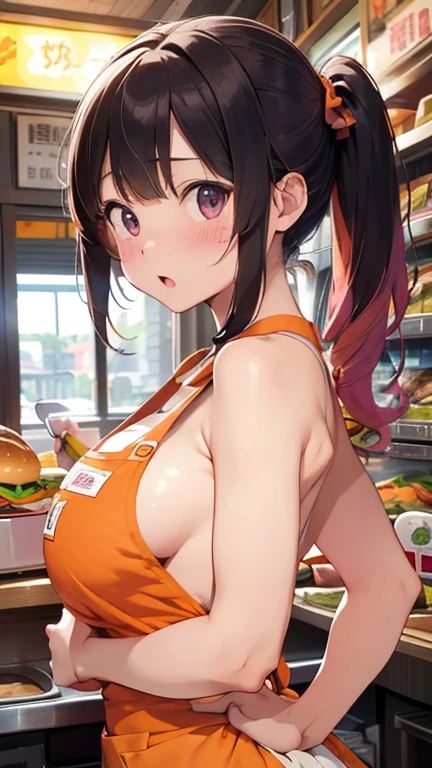 masterpiece、highest quality、Very detailed、Photograph the upper body、1 female、(Put your arms behind your back:1.2)、Are standing、Turn your body forward、View your viewers、(Burger Shopの店員,Sun visor、Orange Apron)、break,blush、shy、Pink Hair、Open your mouth、Burger Shop、Big Breasts、