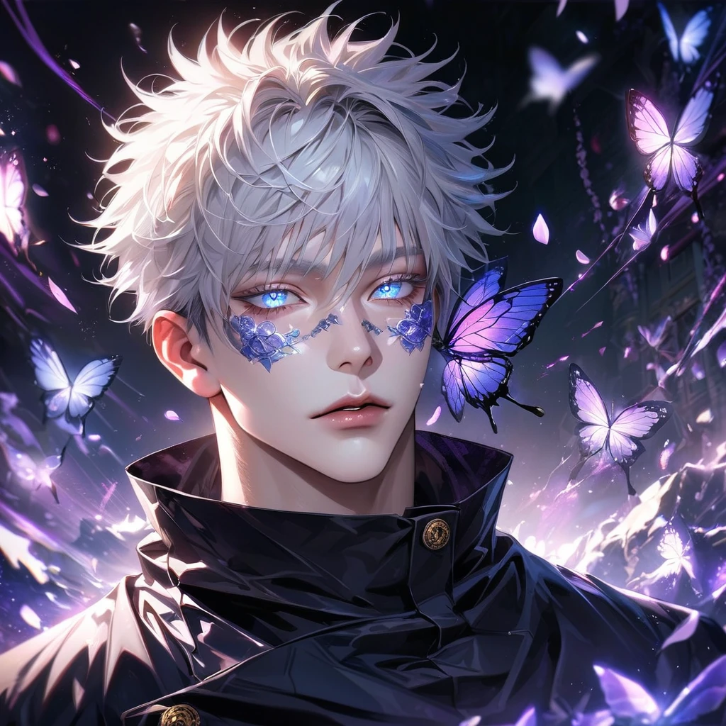 Ultra detailed, HDR, Highres, absurdres, master piece, Gojou Satoru, expressive blue eyes, white hair with bangs, white eyelashes, Jujutsu Kaisen, black coat with patterns, black tight shirt, purple glittering butterflies, purple ice, petals, purple ice roses, sexy man, solo, extremely detailed face and eyes, extremely handsome, glittering, glittering eyes, realistic face,
