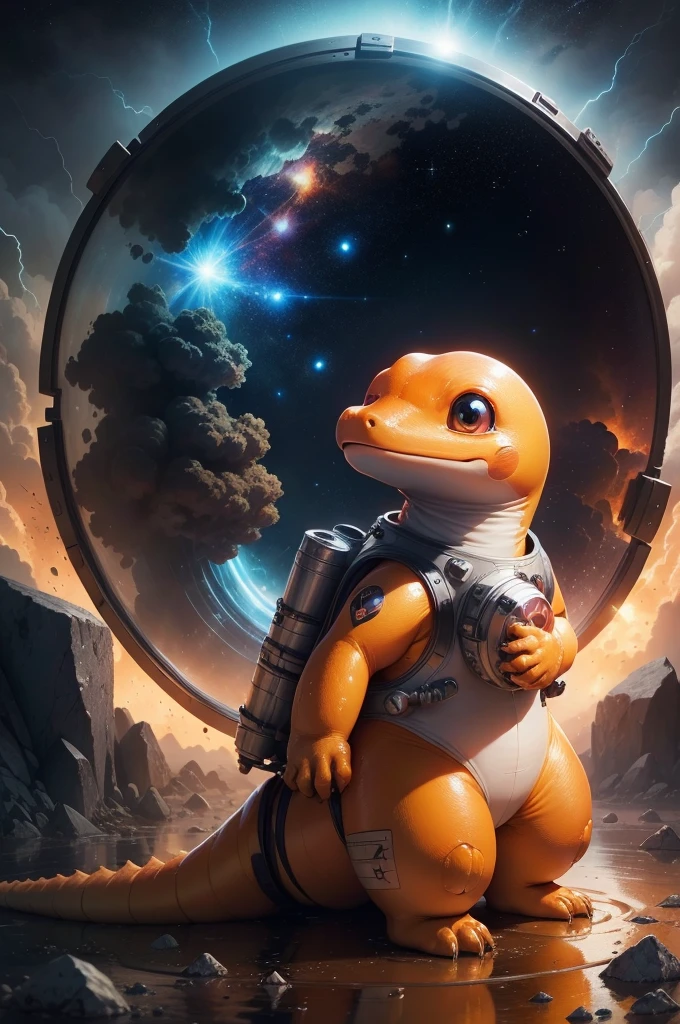 Main Part,best quality, illustration, Charmander in a space suit,Beautiful and detailed luster,(War:1.2),(nuclearexplosionbehide:1.3),rain,Detailed lighting,detailedwater,(Beautiful and delicate eyes:1.1),expressionless,