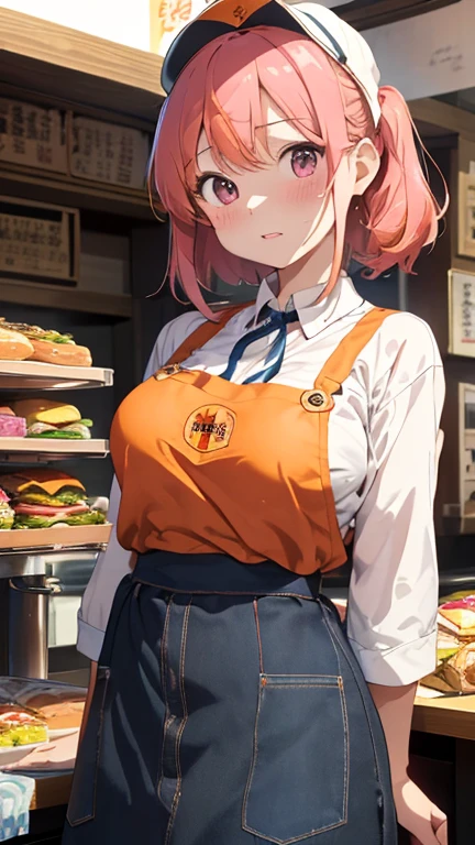 masterpiece、highest quality、Very detailed、Photograph the upper body、1 female、(Put your arms behind your back:1.2)、Are standing、Turn your body forward、View your viewers、(Burger Shopの店員,Sun visor、Orange Apron)、break,blush、shy、Pink Hair、Open your mouth、Burger Shop、Big Breasts、
