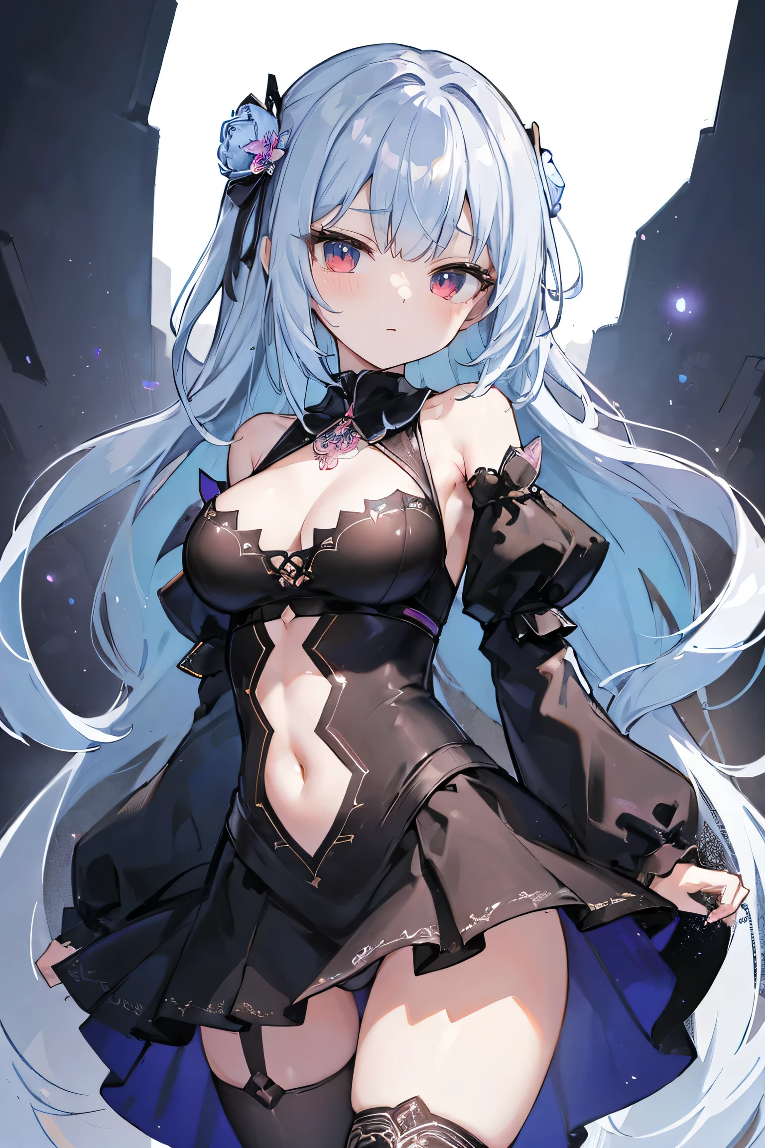 1girl, anime, cute girl, blank background, white background, fantasy, detailed fantasy dress with highlights, beautiful face, beautiful eyes, dark colors, black hair with multicolor streaks, red eye with different color pupil in eye, multicolor eye, medium breasts, slight cleavage, beautiful skin, cute, breast curtains, extremely delicate and beautiful, (beautiful detailed face:1.0), (detailed deep eyes), symmetrical breasts, deep eyes, shiny skin, portrait, slender waist, hips wider than shoulders, thighs, expressionless, young girl, luminous eyes, adorable,(Kpop idol),(aegyo sal:1),(Platinum blonde hair:1),((puffy eye)),Black panty,sexy posture,Superskirt, Ultra-high resolution,Black collar,slim figure, Abdominal y tattoo, womb tattoo,Tight-fitting leg ring,y tattoo on half-body,Bare skin, Armored hand,Hidden fingertips,Hand covered,Arm covered,Fist covered,{{beautiful detailed fingers}}, tufts of hair, moderate beautiful breast:1.0,(masterpiece:1.2), best quality, high-res, HDR, perfect face, intricate armor, delicate blue filigree, intricate filigree, red metalic parts, detailed part, dynamic pose, dynamic lights, cute face, neutral expression, shuimobysim, lotus, hanfu, maxiskit, dress conservatively 1girl, solo, long blue hair, standing,