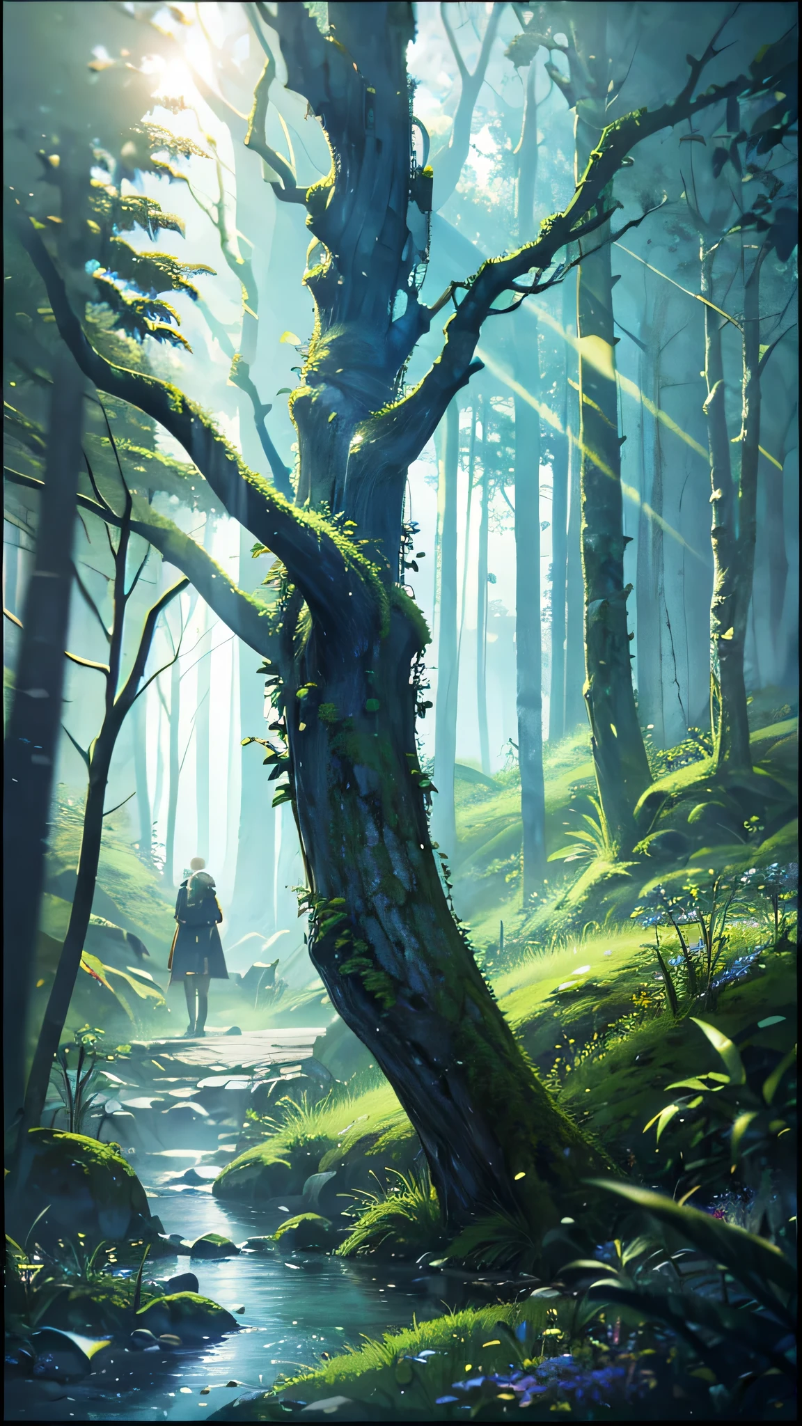 Ancient forest, It is expressed with very delicate and high-quality digital painting technology., Reach 8K resolution. This work、With its sharp focus、It&#39;s getting a lot of attention on the ArtStation website.。, Rich changes in light, Highly complex and detailed central structure. Inspired by artists like Lois van Baarle (Reusch), Ilya Kuvshinov, Studio Ghibli, The style of the website、The soft, watercolor-like colors capture the chibi-kawaii aesthetic.。.