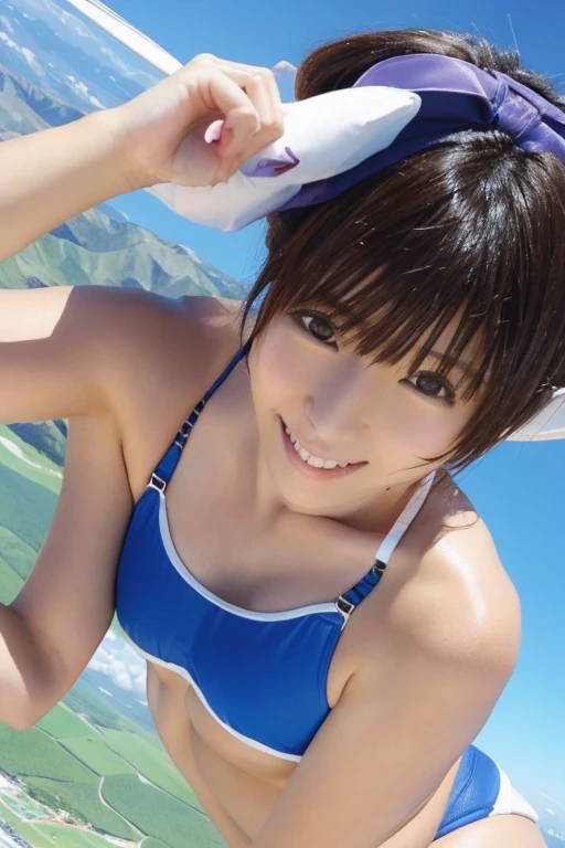 A cute, beautiful, voluptuous Japanese woman in her late 20s with a boyish hairstyle, skydiving at 4000 meters above the ground.、They are having so much fun that they are spreading their arms and legs out in excitement.、She looks great in a micro bikini