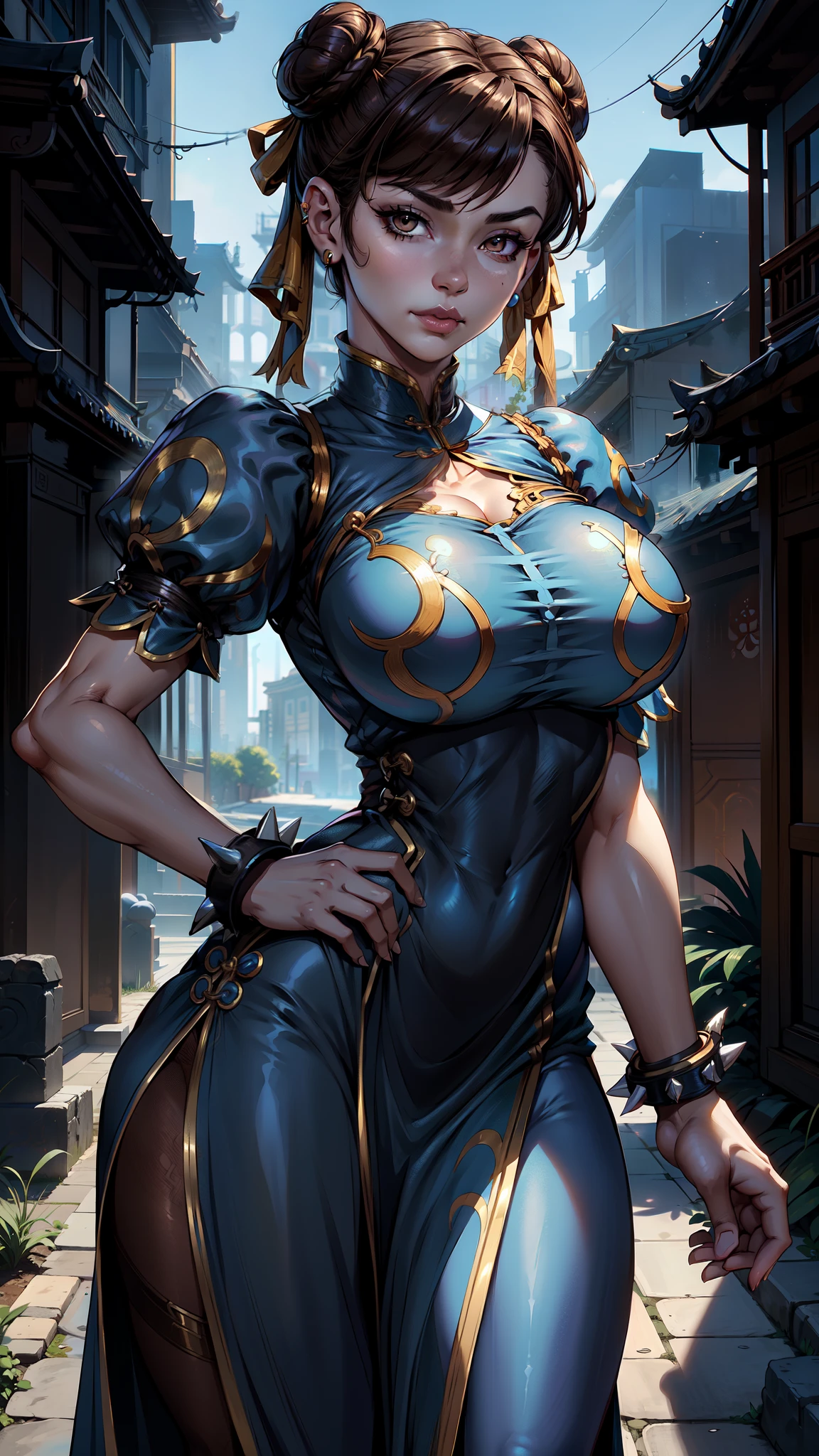Chun Li,(pelo negro dos trenzado) , Brown eyes,
ropa china, spiked bracelet, pendientes ,( vestido azul chino :1.4)
de pie, parte superior del cuerpo, sonrisa, faja, (pantimedias negra nylons ),
barrio chino, Noche ,
(incredibly detailed, hermoso rostro detallado, hermosos ojos detallados, Obra maestra, mejor calidad),solo, ,(Fondo de ruinas de mazmorra en ruinas:1.4 ), (Obra maestra: 1.4), (8k, realista, foto cruda, La mejor calidad: 1.4),(Chun Li:1.4), (Chu Li V2.1), (dynamic pose), (solo),( alley background big stones Tokyo :1.4),( no mutaciones), (Detalles de la cara: 1.5, (Beautiful brown eyes:1.4) , hermoso rostro, ojos bonitos, revestimiento del iris, labios delgados: 1.5, delgado, pale and sharp eyebrows, Largo, dark eyelashes, double eyelashes), (colores brillantes), cayendo lluvia nublado Noche,