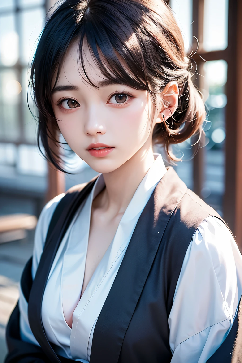 (1 nogizaka girl,raw photo,photo realistic:1.5),(best quality, high quality,HDR, highest quality,ultra high resolution,high resolution,high res,ultra high difinition,huge file size,8K,2K wallpaper,8K wallpaper,high quality texture,amazing,an extremely delicate:1.4),one girl, Japanese famous idol,beautiful face,small face,absurd,ridiculous,incredibly ridiculous,portrait,breasts close up,blurry background,(kimono,cleavage,no makeup:1.2),medium skin,beautiful skin,detailed skin,small head,black hair,silky hair,(Japanese eyes:1.3),detailed eyes,black eyes,Japanese idol eyes,Japanese nose,5-fingers,(eyebrow:-0.5),(Light Particles, Lens Flare, Luminous Particles: 0.7),looking at viewer,bright lighting,professional lighting,girl