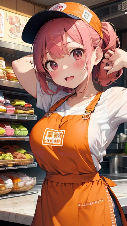 masterpiece、highest quality、Very detailed、Photograph the upper body、1 female、(Put your arms behind your back:1.2)、Are standing、Turn your body forward、View your viewers、(Burger Shopの店員,Sun visor、Orange Apron)、break,blush、shy、Pink Hair、Open your mouth、Burger Shop、Big Breasts、