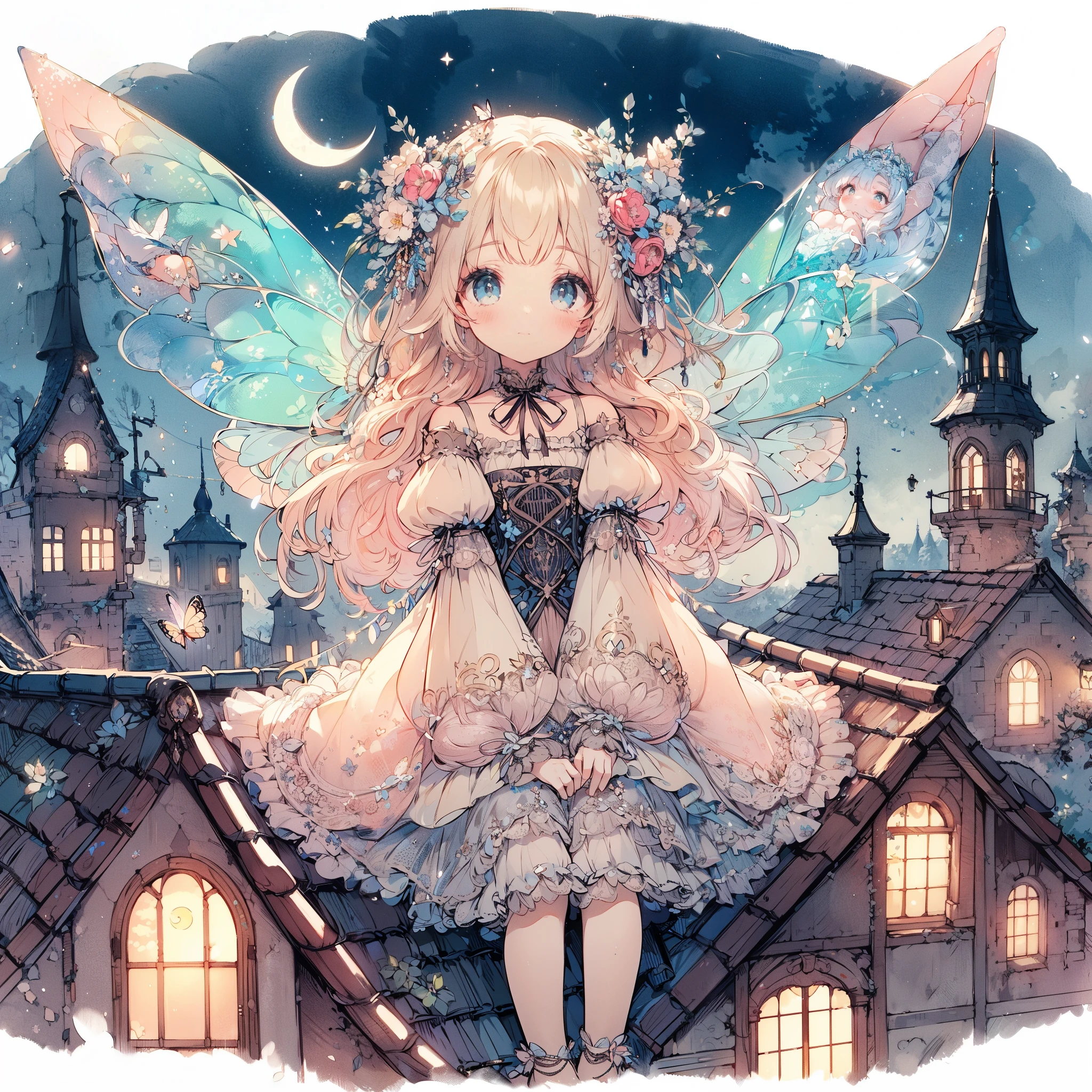(highest quality, Very detailed, beautiful, Exquisite, 16k, Full HD), On the roof of a house in an old European town on a crescent moon night, a beautiful, young fairy princess with butterfly-like wings is looking elegantly at the moon on a beautiful dark moonlit night, smiling in ecstasy.,A beautiful large crescent moon, stars, shooting stars and shooting stars,(She has beautiful, clear fairy wings growing from her back and is wearing a tiara, earrings and a choker.), She is wearing a beautiful black and silver ball gown dress decorated with jewels, ribbons, frills and lace, and has beautiful fairy shoes.,(She has pale pink cheeks, beautiful silver hair, plump pink lips, fair skin, a large bust, and a nice figure.),Vibrant and striking colors,From a little distance,Dreamy cute atmosphere