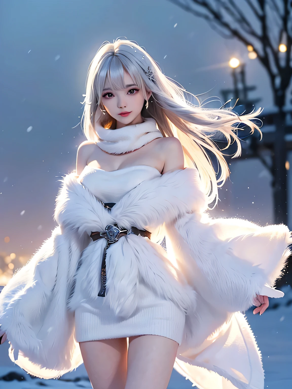 ((masterpiece:1.5、8k、Tabletop、Photorealistic and very detailed CG、Very detailed、Particle Effects、Dynamic Effects、Written boundary depth、Cinematic Light、Lens flare、Ray Tracing、Tabletop、Realistic:1.4、超A high resolution:1.2、Realistic、Realistic))((alone、,A woman wearing a white fur coat over an off-the-shoulder sweater:1.4、Wearing a long scarf、Elegant woman posing:、Detailed face、Bright expression、young, Brighter, Whiter skin、Ample breasts、Best Looks、Ultimate beauty、Silver hair with shiny highlights、Bright shiny hair,、Super long, Silky straight hair、Hair dancing in the wind))(morning、The setting is outdoors in the snow、Surrounded by illuminations)
