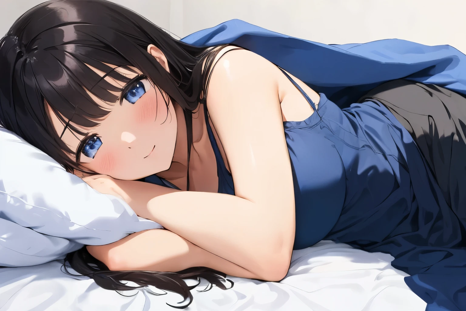 Masterpiece、highest quality、1 female、Super detailed Black Hair、bangs Blue Eyes、Detailed depiction of the eyes Smiling、blush camisole Face is close、Facial Close-up、Bring your face closer Lying on your side、Open your shoulders、Put your palms out here、Spread your arms、Extend your elbows、Hug Pose、Lying down and hugging Sheets