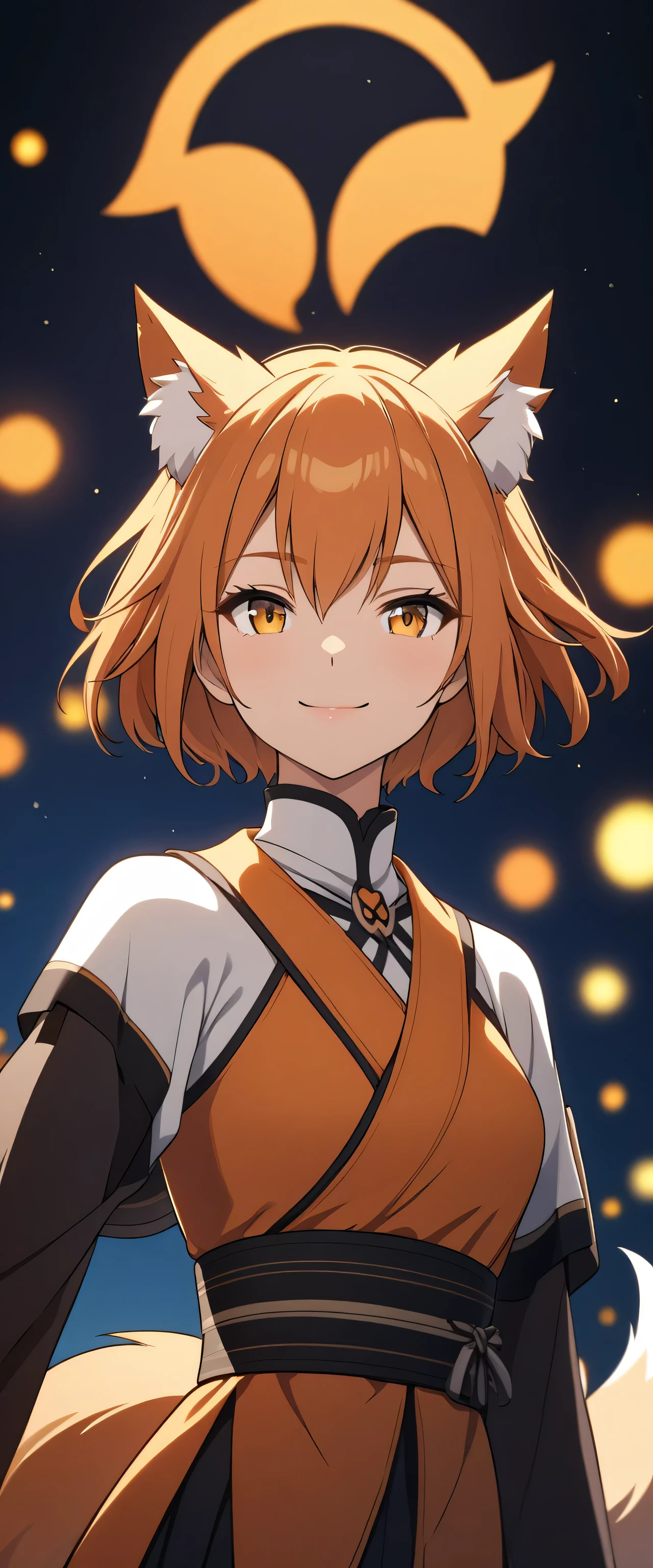 anime girl fox,smiling, half body, orange short hair, HD, detail , night background,