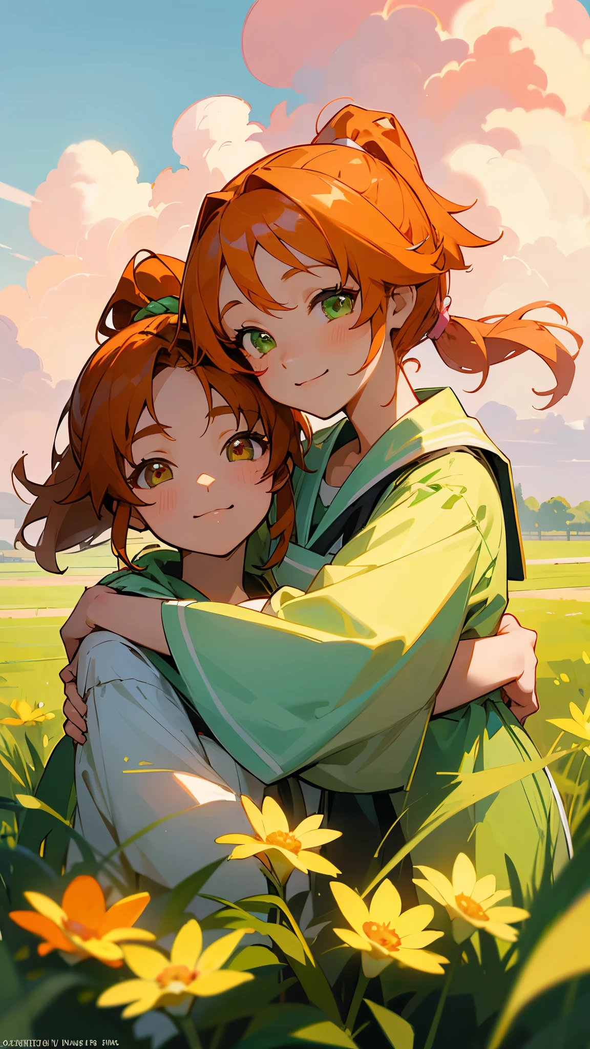 1 Girl、Orange clothes、Orange Hair、ponytail、Beautiful green eyes、profile、smile、profile、Face close-up、Morning Cafe Terrace、Background blur, Written boundary depth