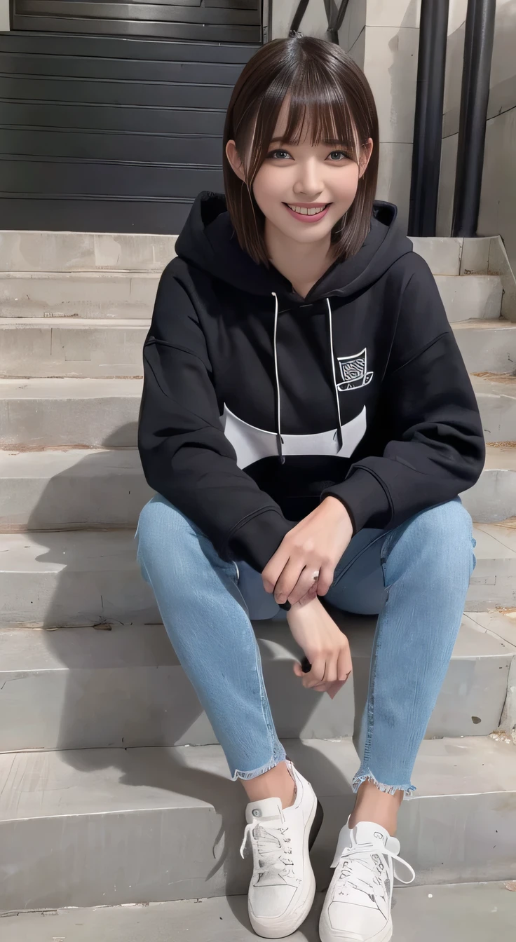 highest quality, Realistic, Very detailed, Finer details, High resolution, 8k wallpaper, One beautiful woman,Sit on the stairs、smile、(Beautiful teeth alignment、)(Gums are visible) Oversized hoodie, Skinny jeans,( Black sneakers)、Black Hair、 Beautiful Bangs、ear piercing、Perfect dynamic composition, Beautiful and detailed, Full Body Shot, A big smile waiting to start