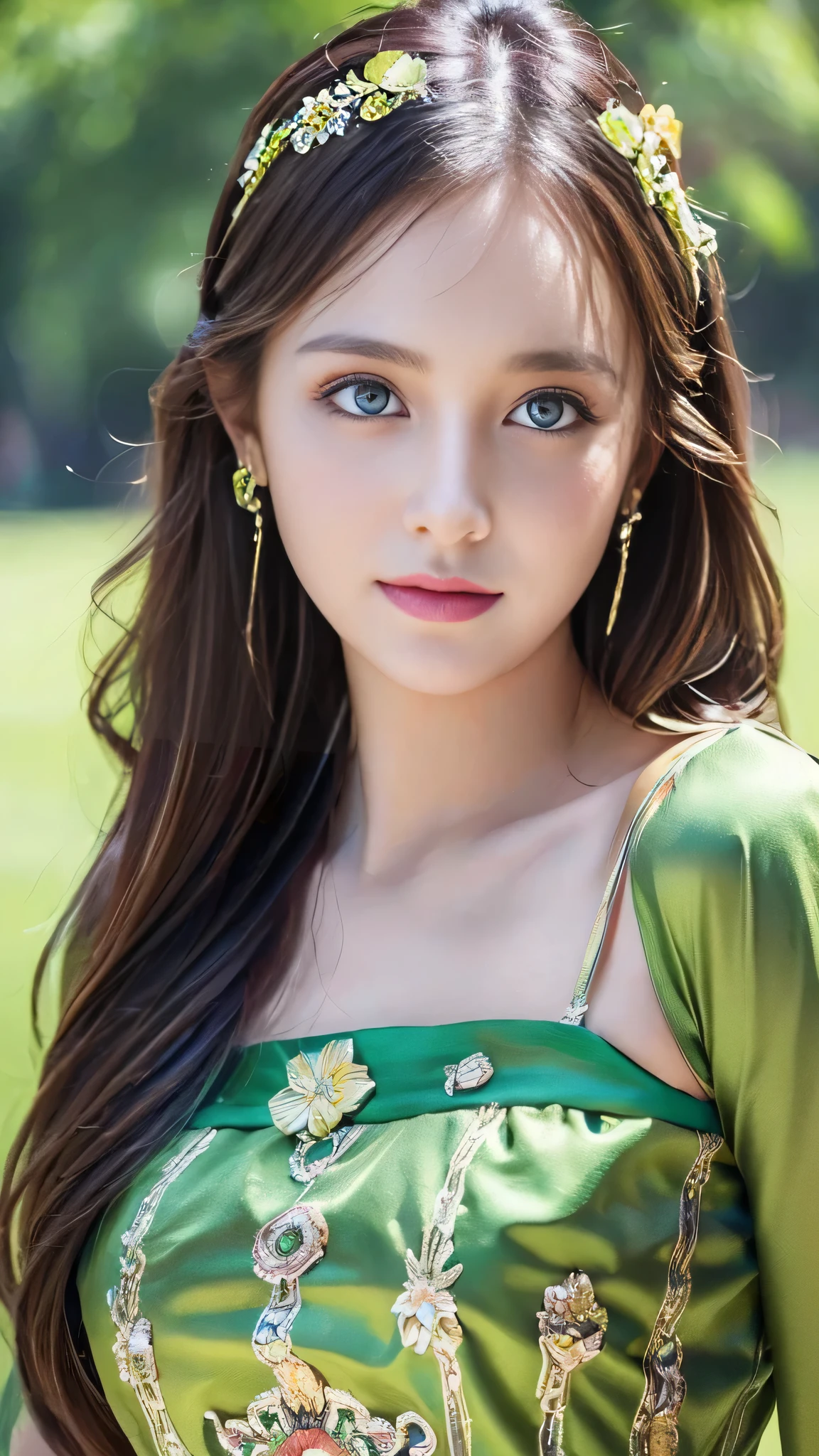 (8k, RAW Photos, highest quality, masterpiece:1.2), (Realistic, photo-Realistic:1.37),One girl, dress, Green Eyes, Long Hair, super detailed cloth, beautiful decoration on dress,